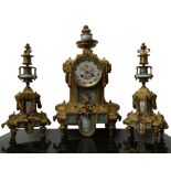 Triptych with clock and pair of candlesticks in gilded bronze and miniaturized porcelain, Napoleon I