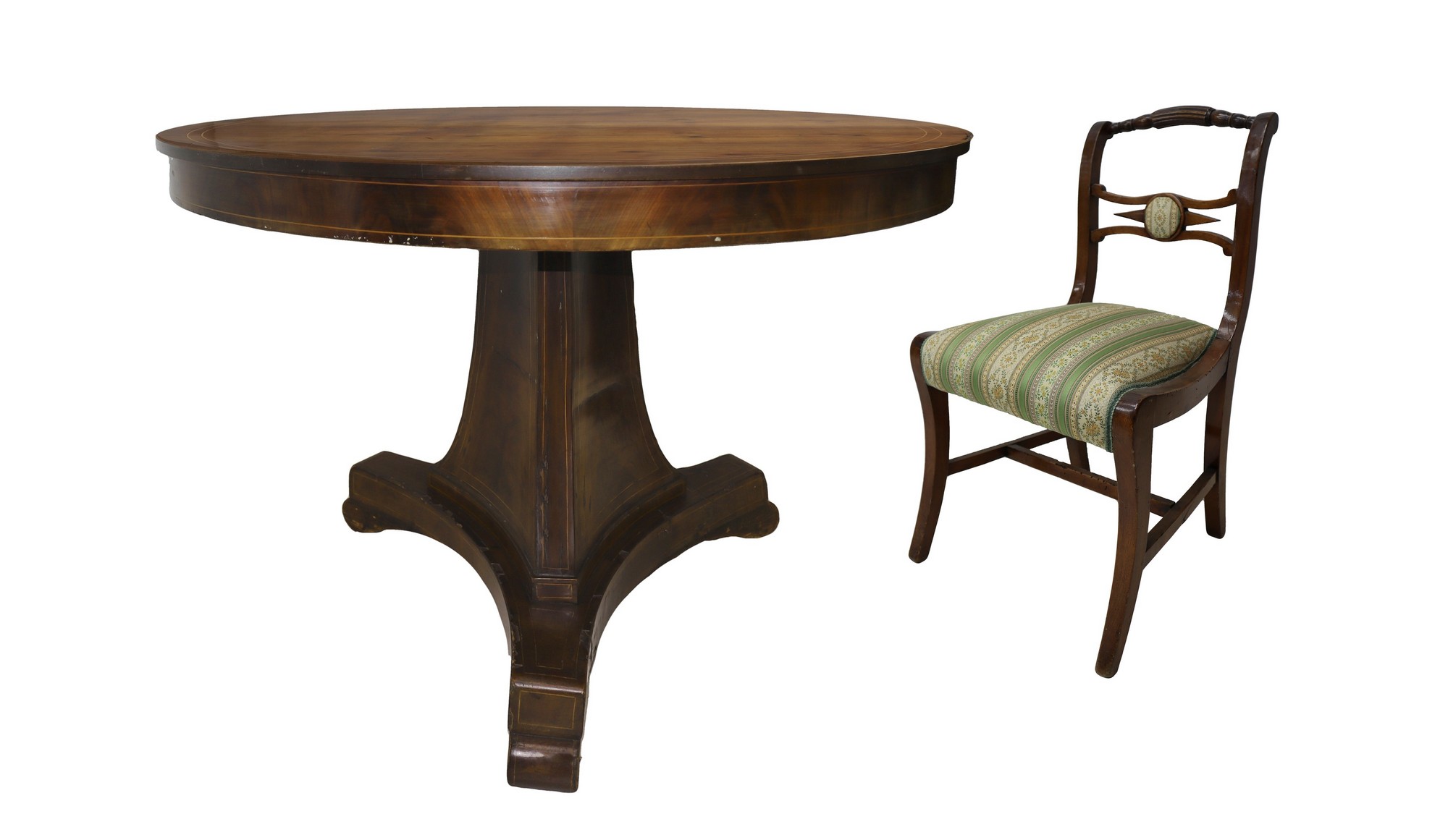 Round table in mahogany wood with 6 chairs, nineteenth century