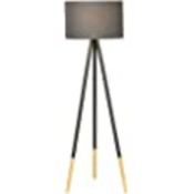 Stylish Steel Tripod Floor Lamp with Grey Fabric Lampshade and Wood Accents