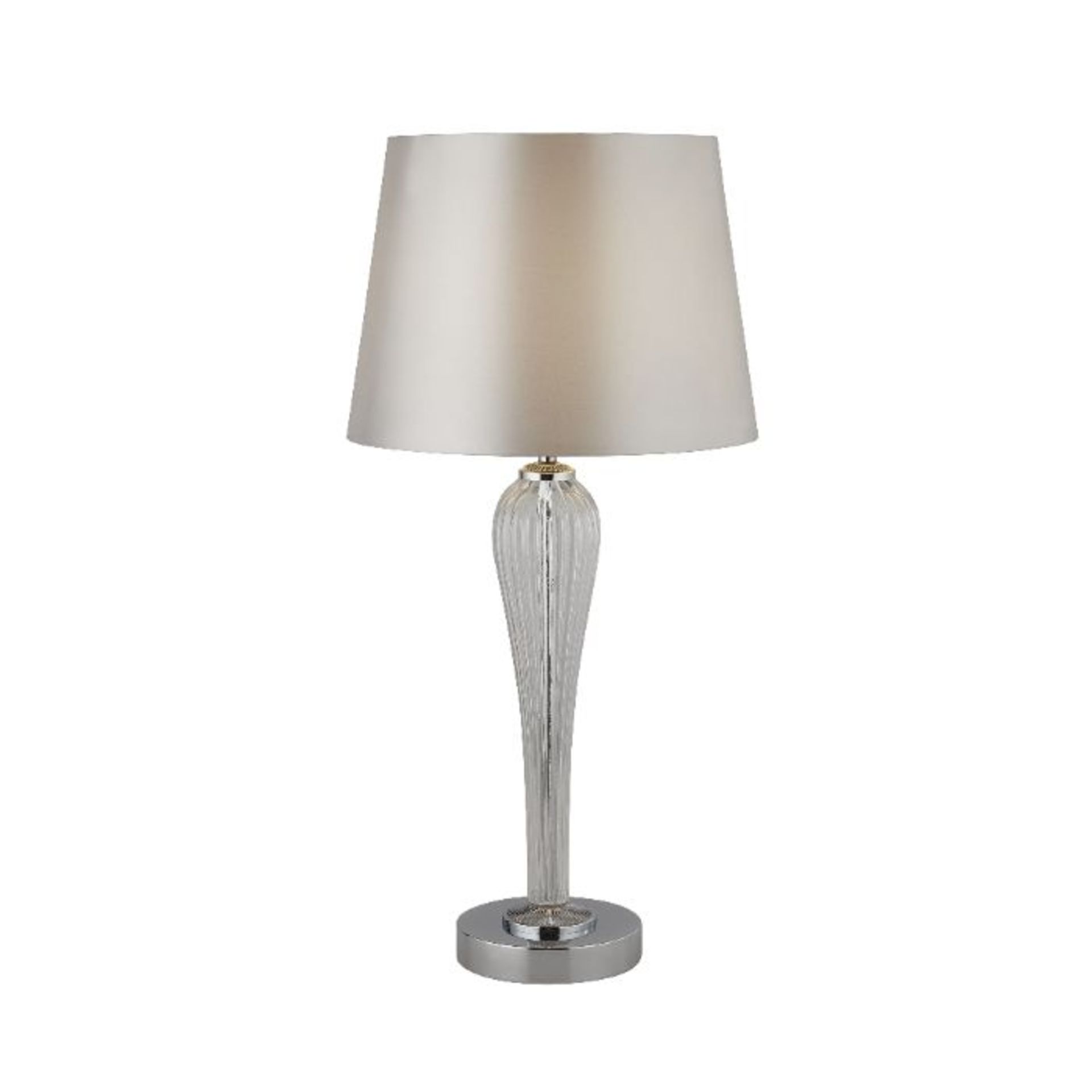 BRAND NEW ART DECO STYLE TABLE LAMP, GLASS BASE, SILVER FABRIC SHADE. 56CM HIGH. 60W. - 56cm high