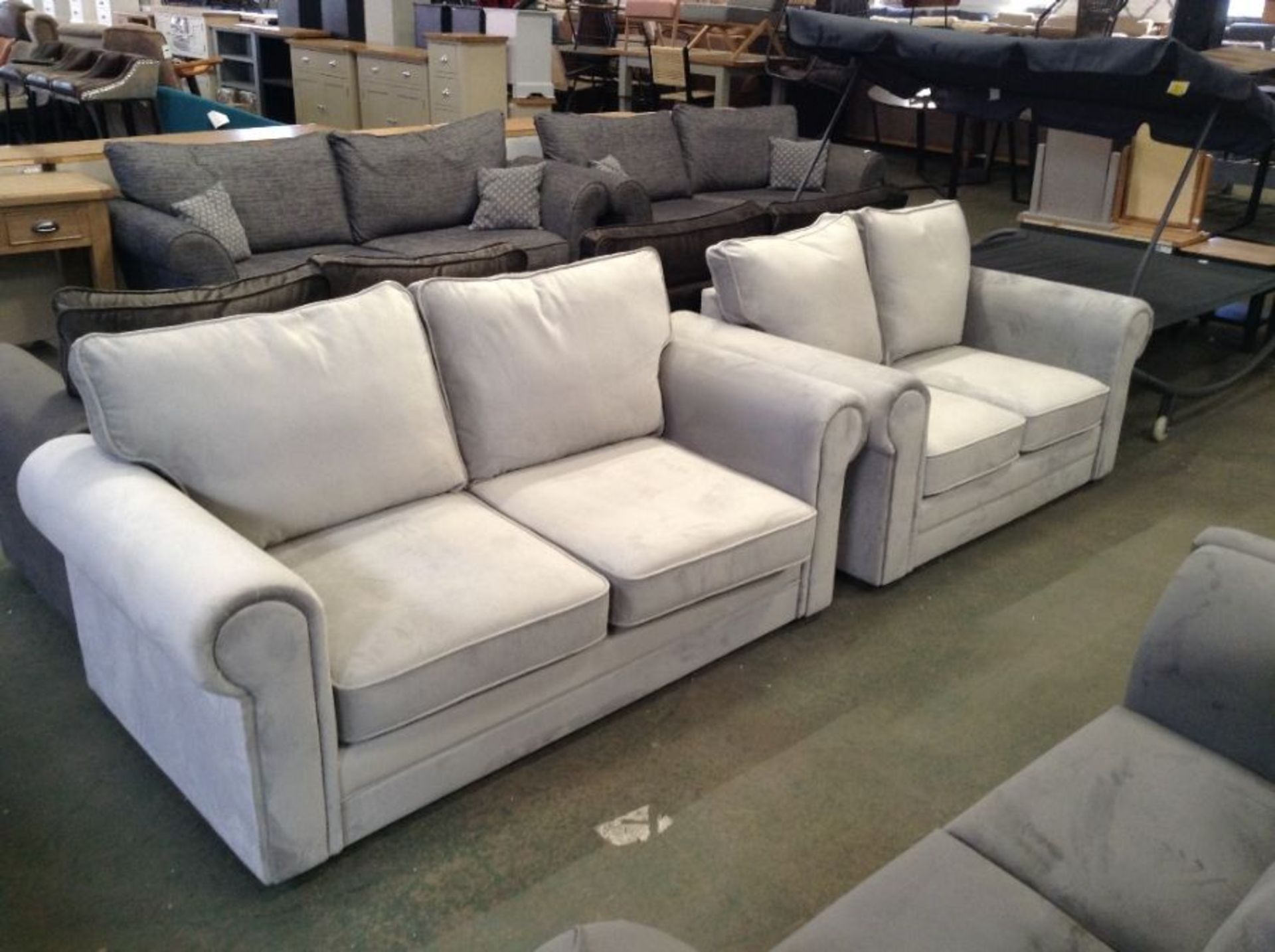 LIGHT GREY VELVET 3 SEATER AND 2 SEATER