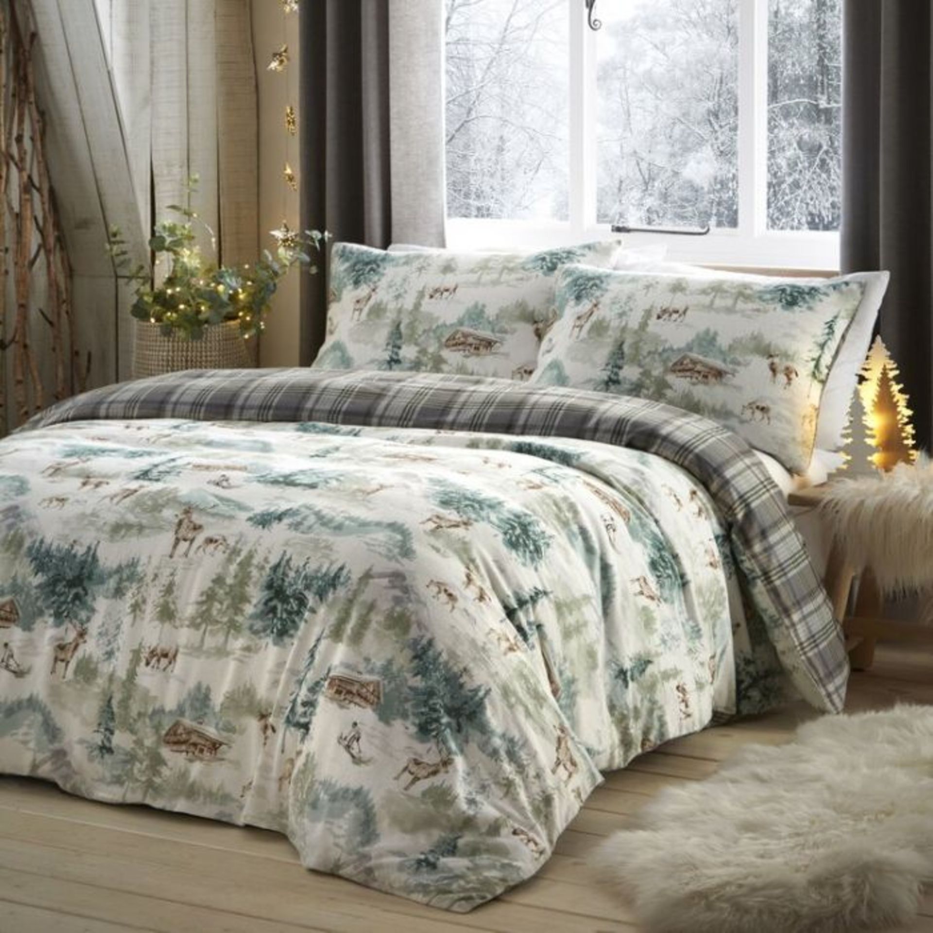 Fusion Home Furnishings, Snow Scene - Brushed Cotton Duvet Cover Set (WHITE/GREEN) (DOUBLE) - RRP £