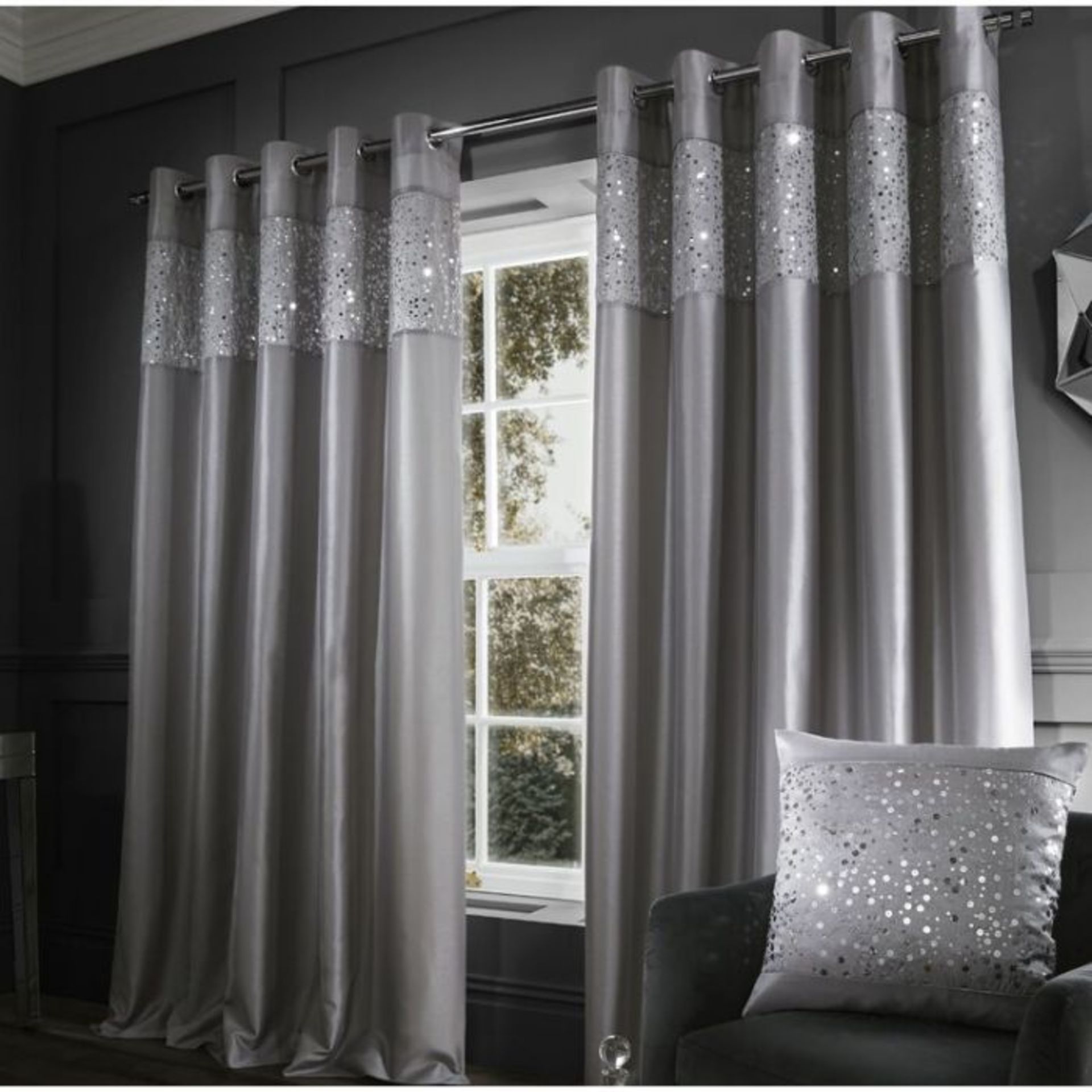 Catherine Lansfield, Glitzy Room Darkening Curtains (GREY) (168cm W x 137cm D) - RRP £39.99 (QXK3811