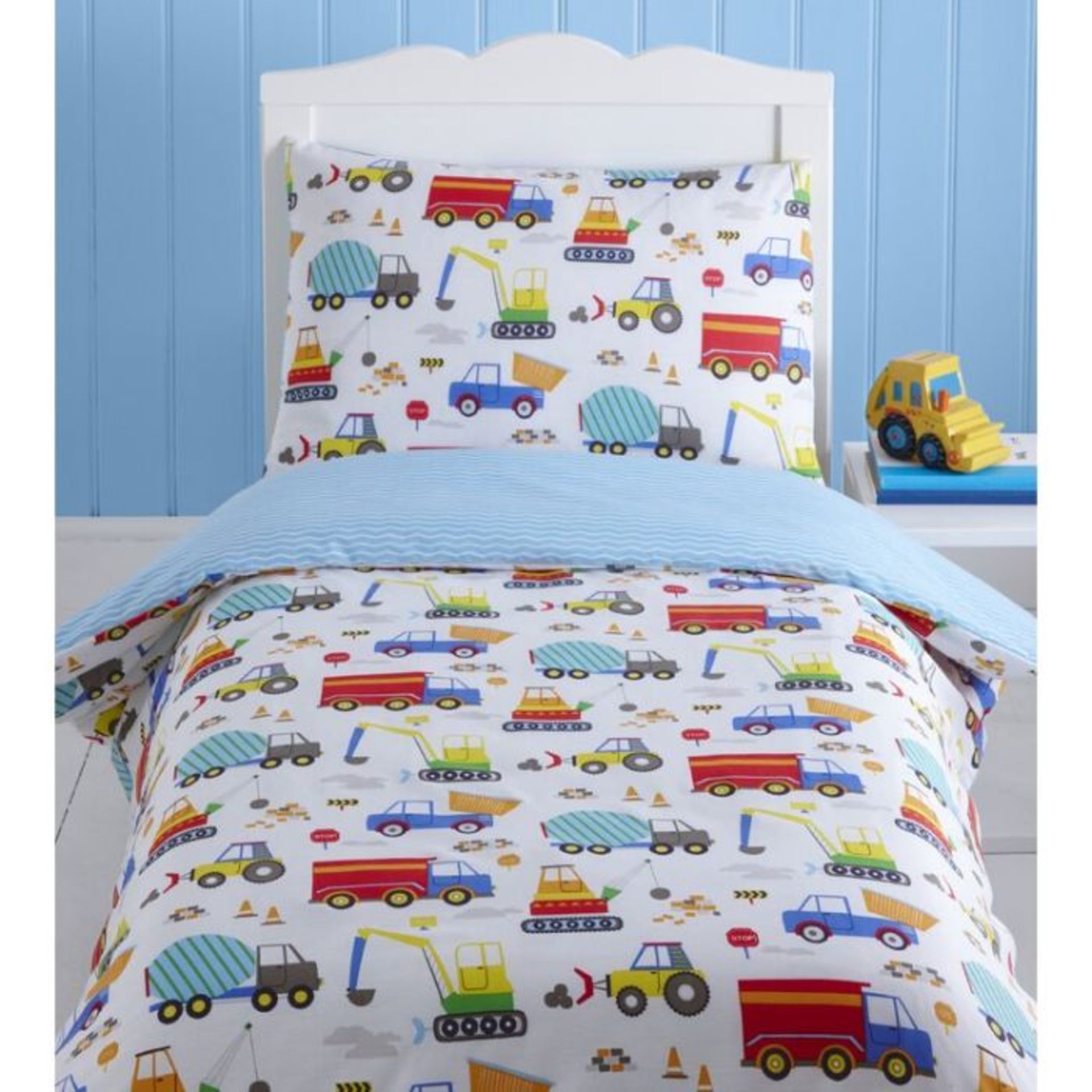 Mack + Milo, Alamo Bright Trucks Duvet Set (WHITE/BLUE) (SINGLE) - RRP £20.99 (HOKU4714 - 25832/82)