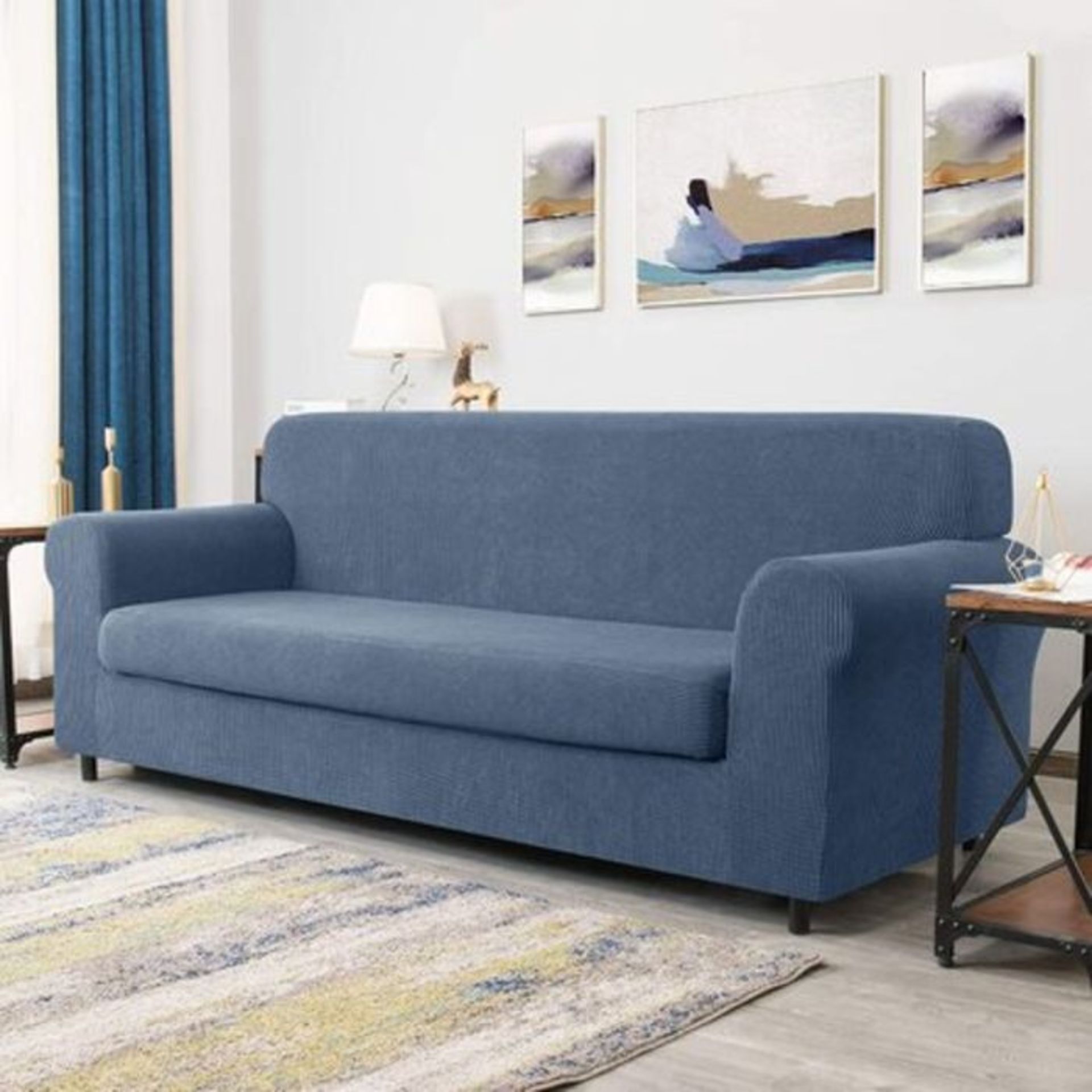 17 Stories, Textured Grid Stretchy Removable Box Cushion Loveseat Slipcover Denim Blue - RRP £48.99
