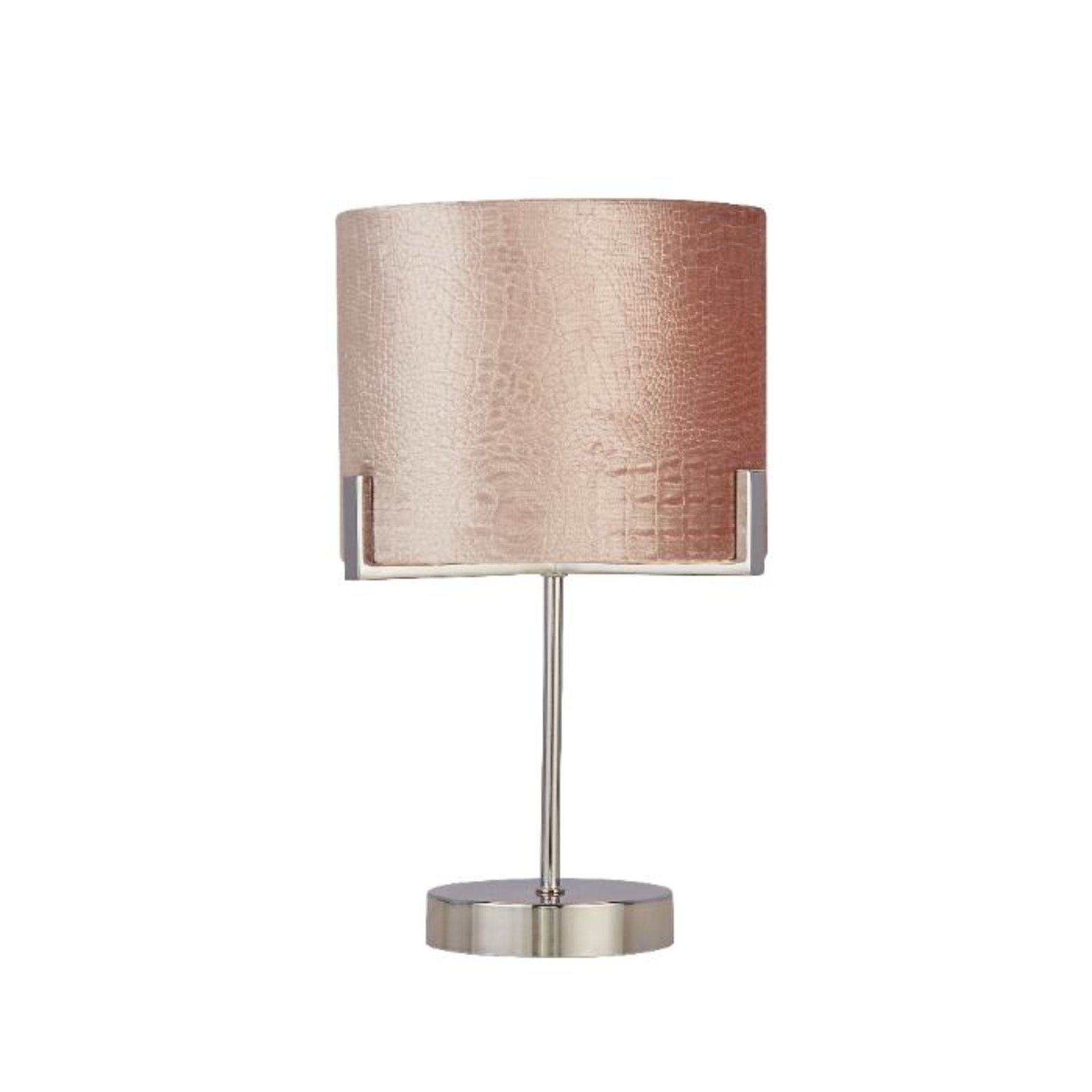 BRAND NEW CHROME TABLE LAMP WITH BLUSH PINK VELVET SHADE. 34.5CM HIGH. 7W. - 34.5cm high table