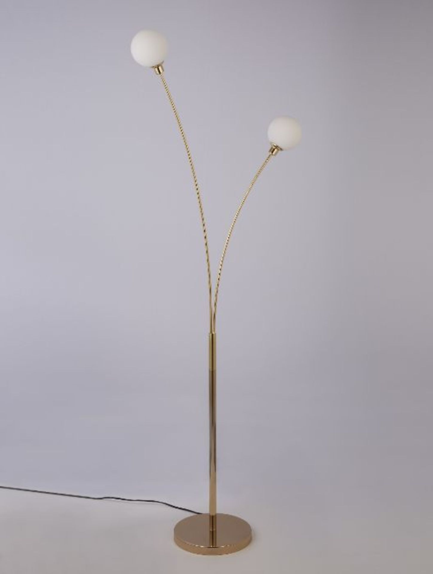 GOLD METAL LED FLOOR LAMP WITH WHITE GLASS ORB SHADES. 151CM TALL. 3W. - Gold floor lamp with