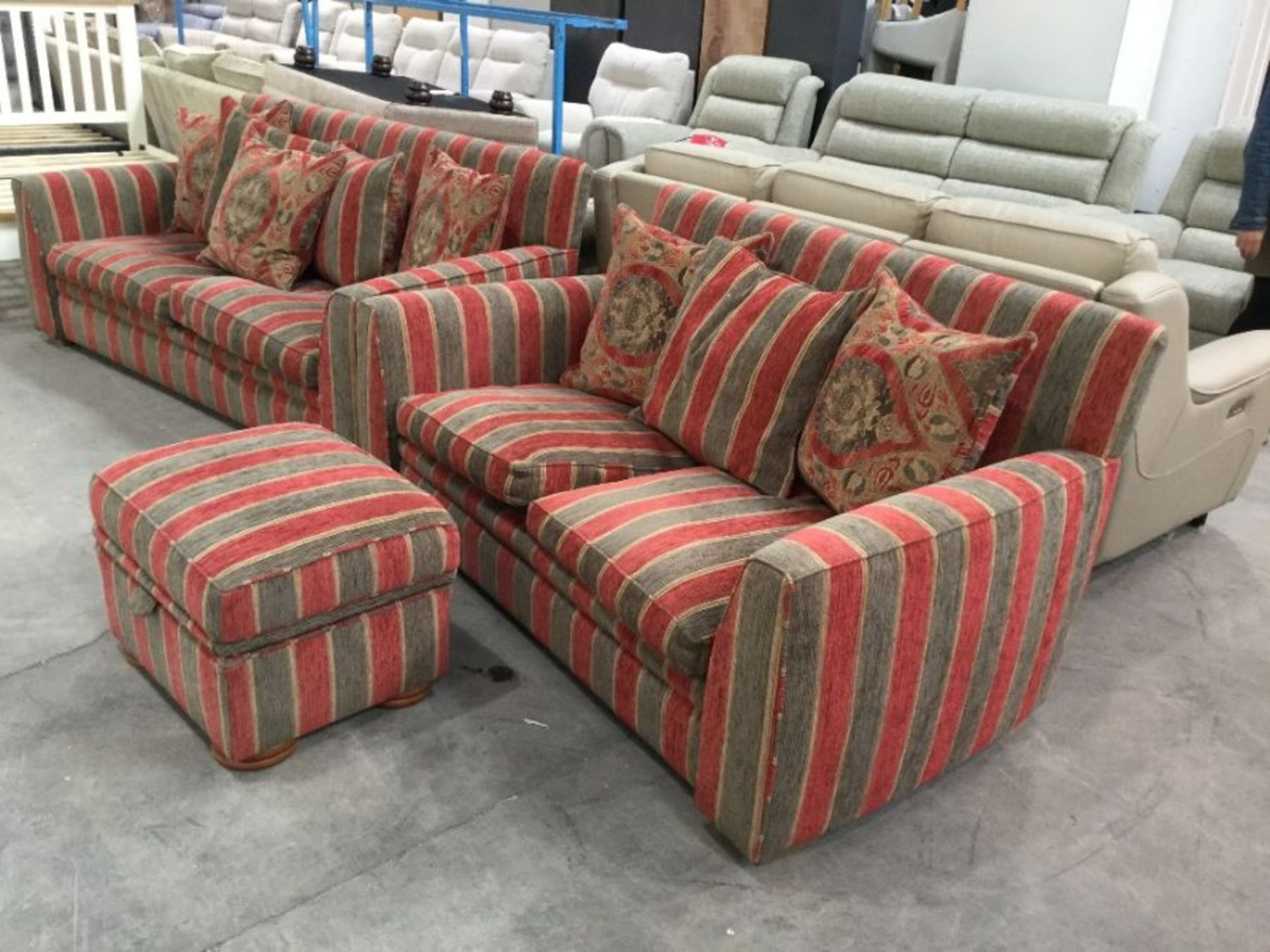 RED AND GOLD STRIPED 3 SEATER SOFA AND 2 SEATER SO