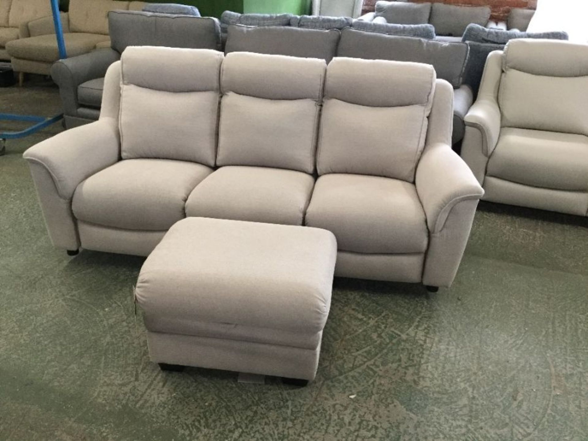 CREAM HIGHBACK 3 SEATER SOFA AND STORAGE FOOTSTOOL