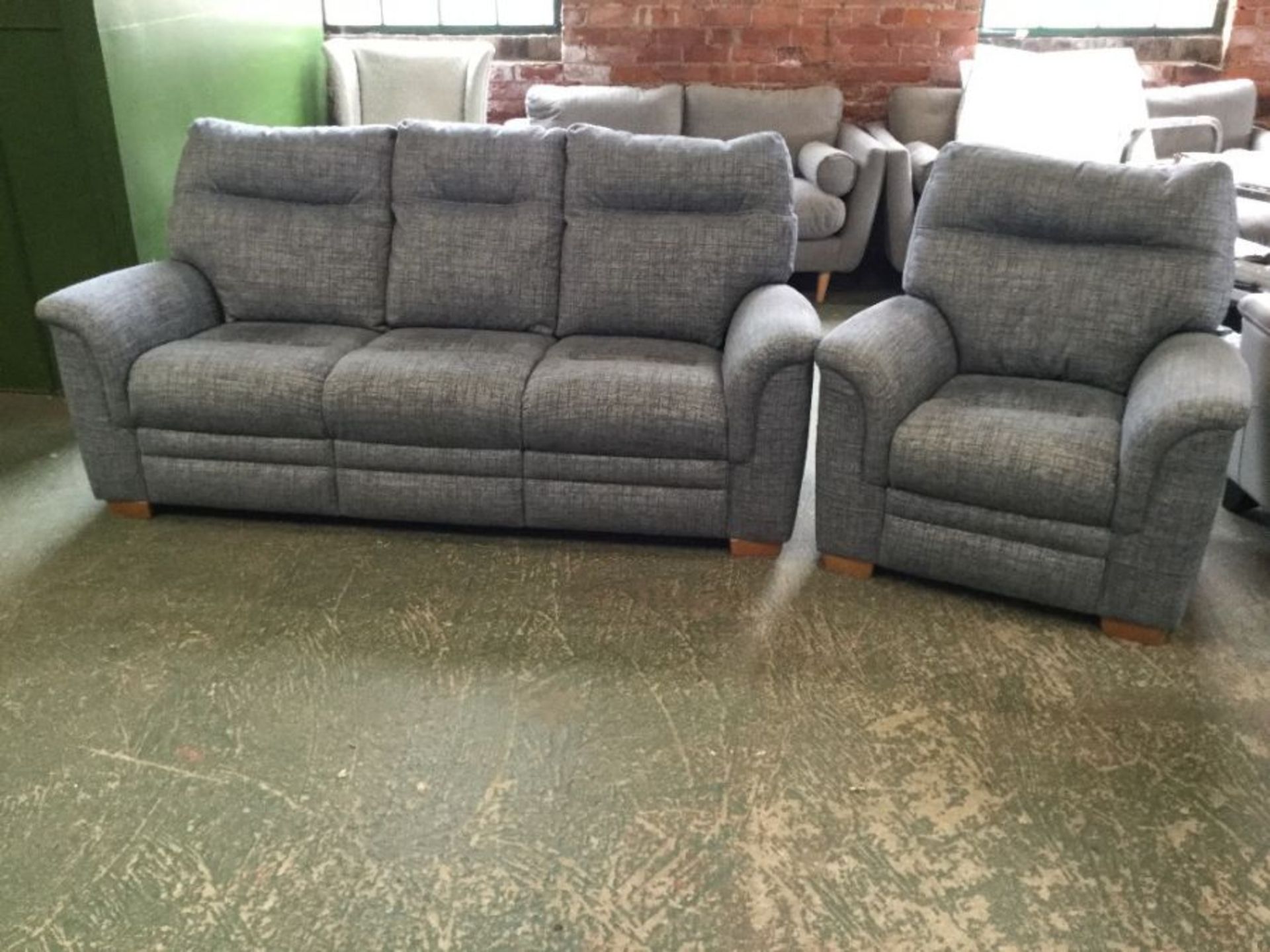 BLUE FABRIC FIXED 3 SEATER SOFA AND CHAIR (P-14 W0