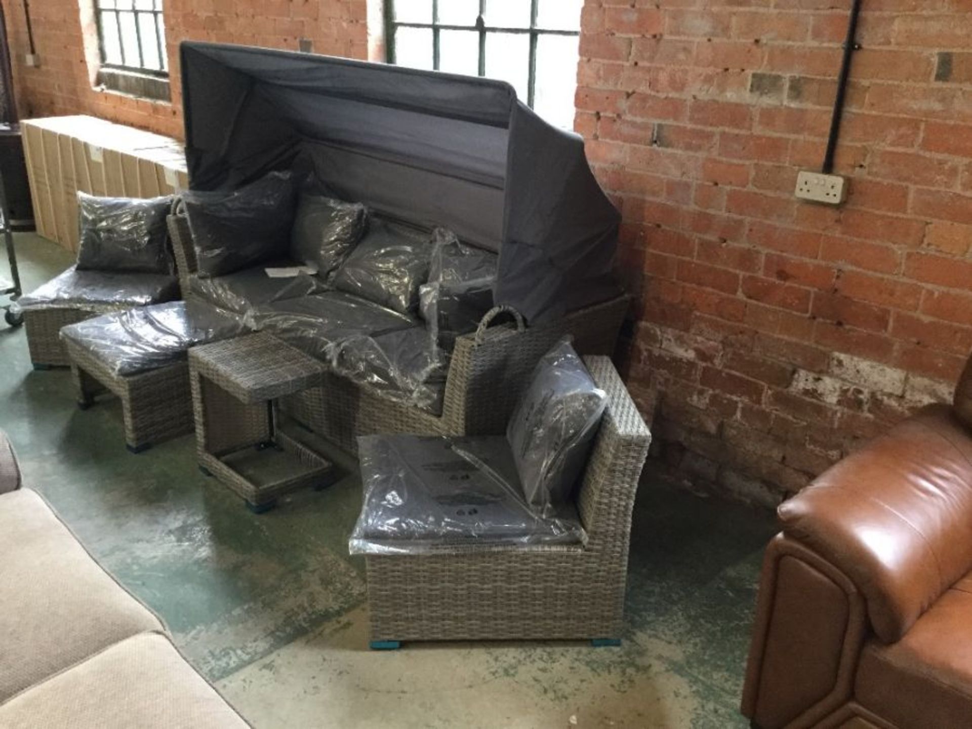 GREY WICKER 3 SEATER SOFA 2 CHAIRS AND A COFFE TAB