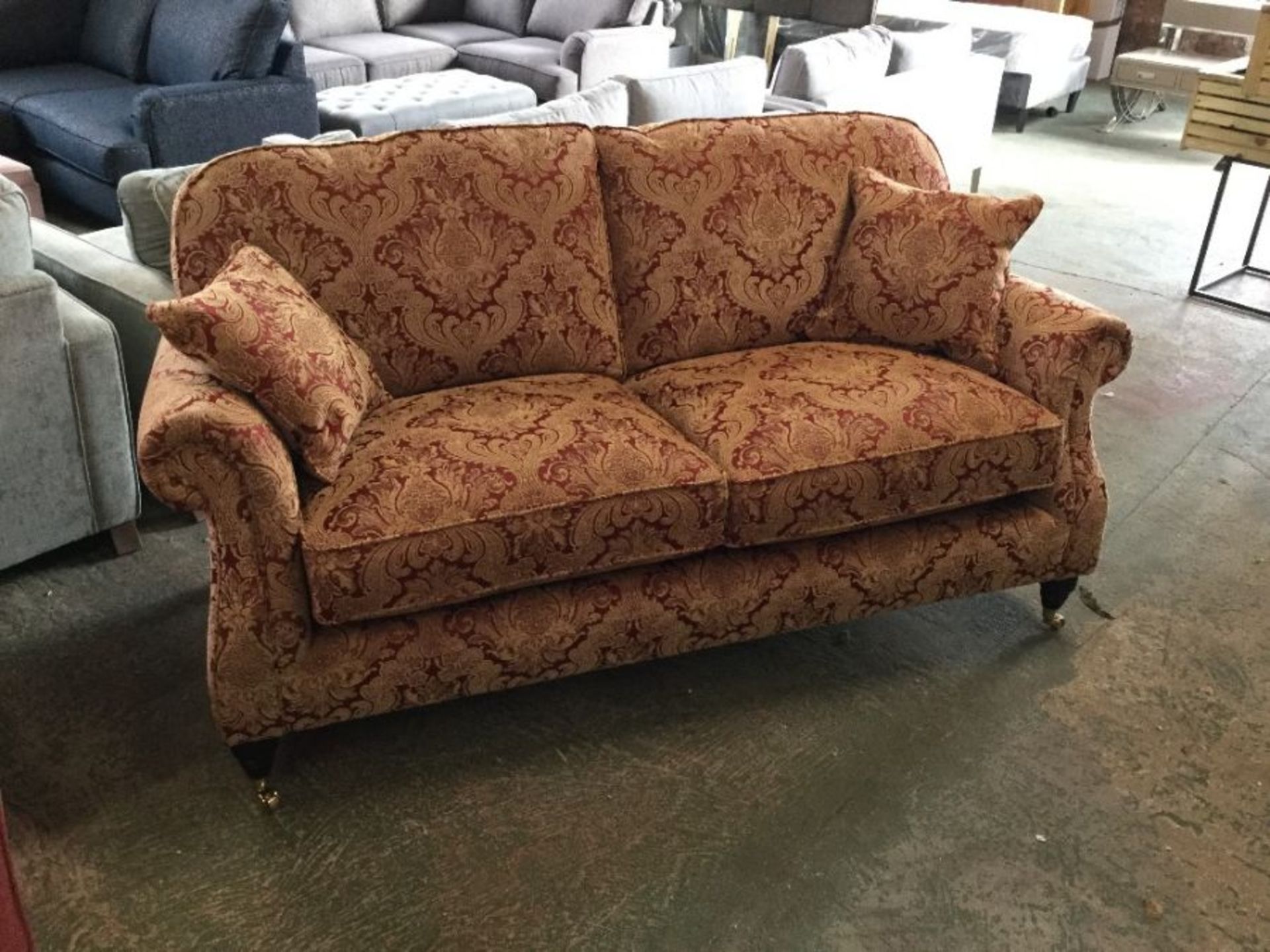 RED AND GOLD PATTERNED 2 SEATER SOFA (P-14 W011603