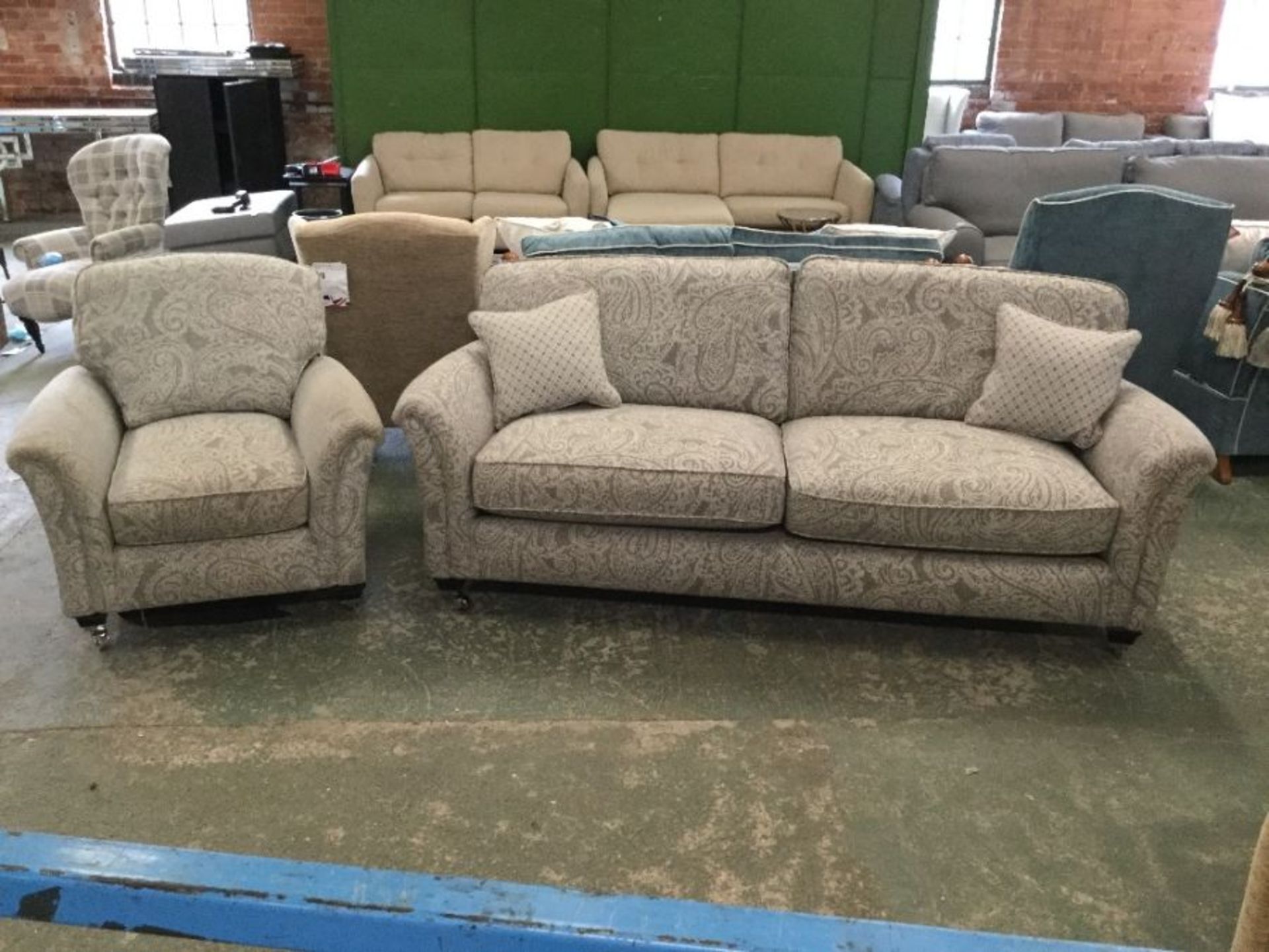 GREY PATTERNED 3 SEATER SOFA AND GREY FABRIC CHAIR