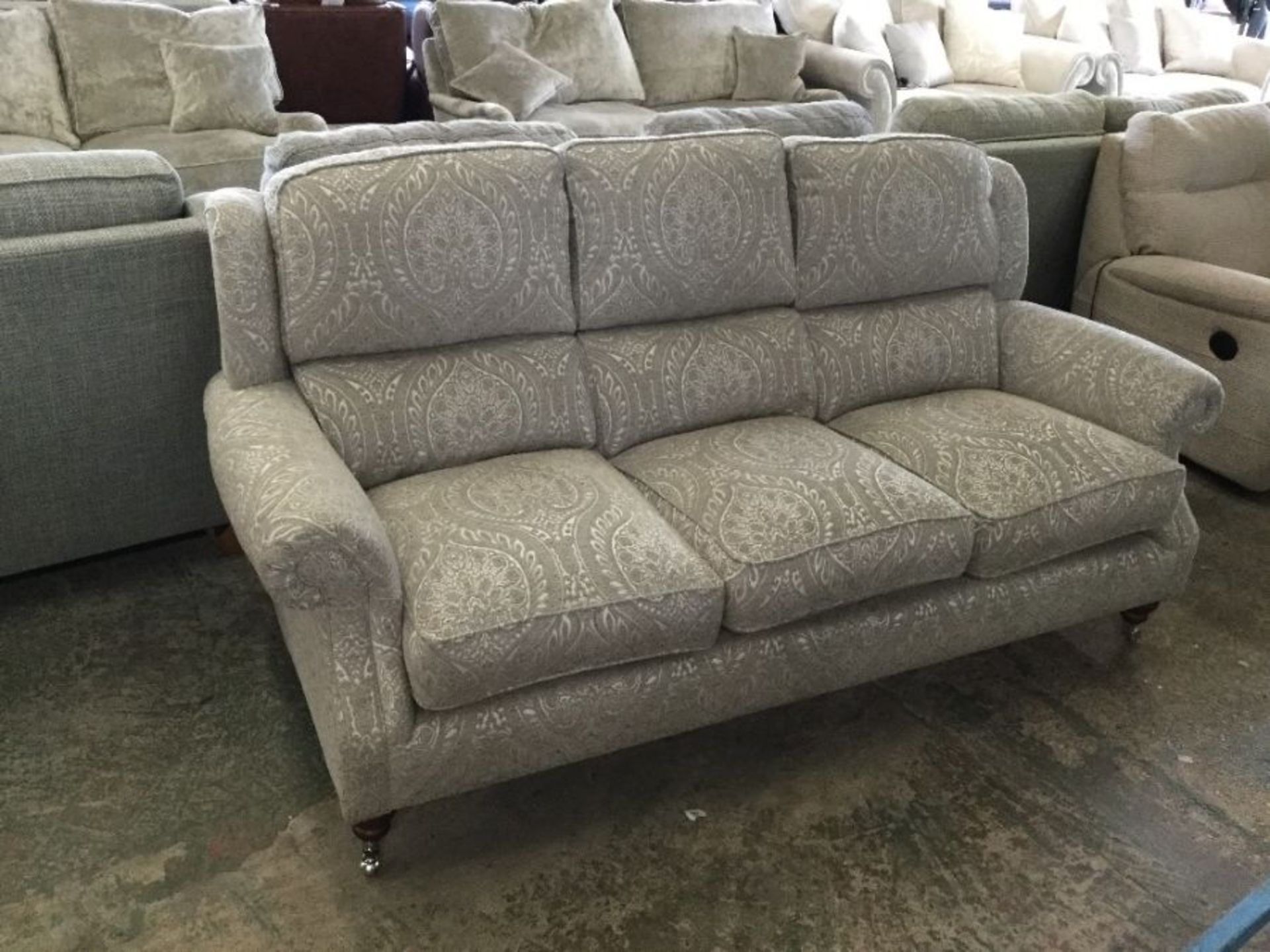 BEIGE FLORAL PATTERNED HIGH BACK 2 SEATER SOFA (P1 - Image 2 of 2