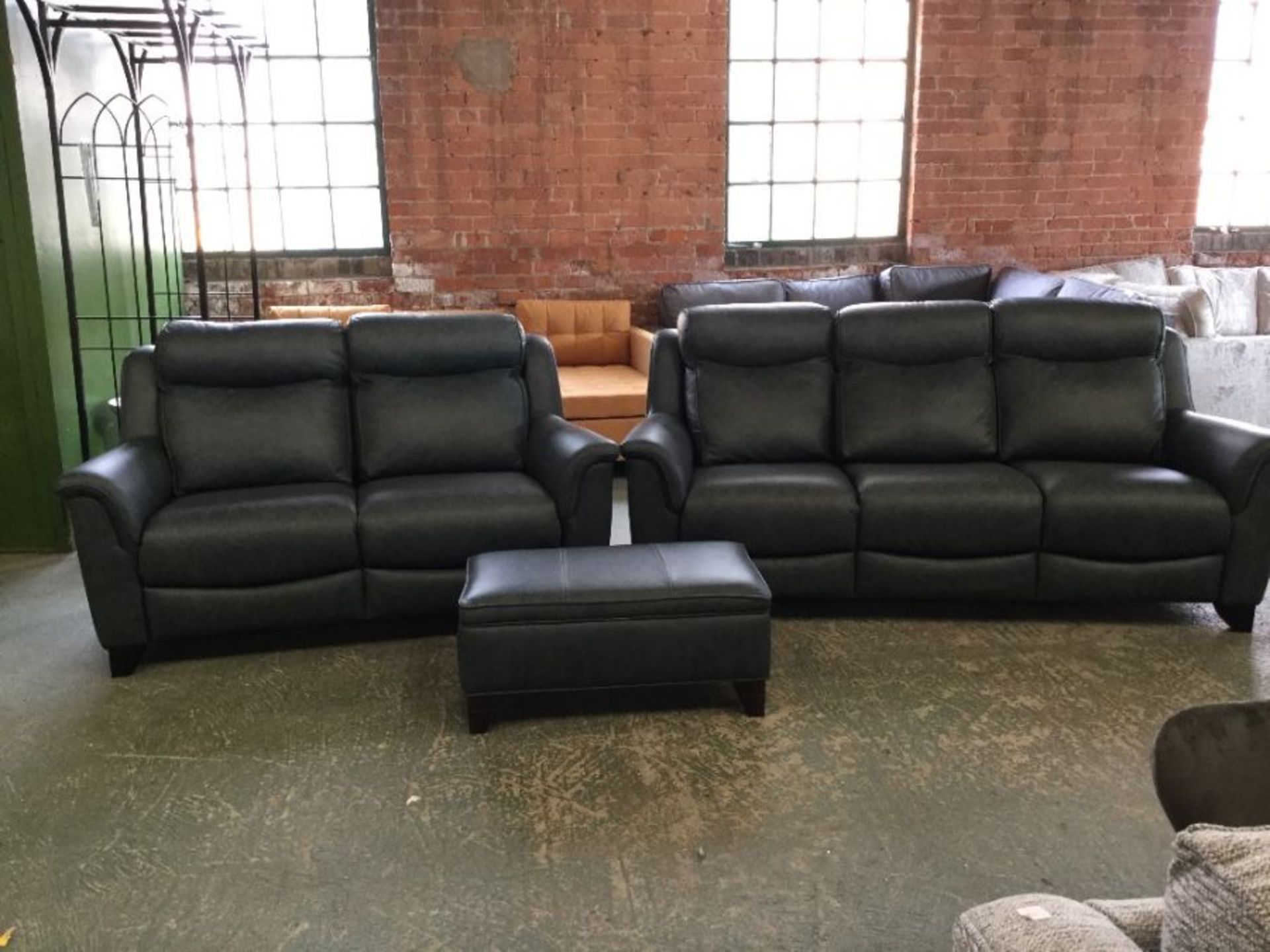 GREY/BLUE LEATHER 3 SEATER 2 SEATER AND FOOTSTOOL(