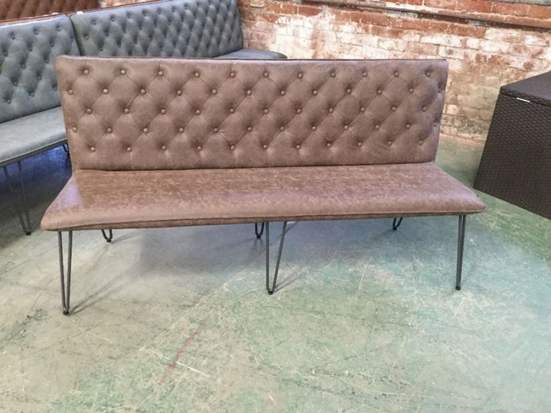 INDUSTRIAL BROWN LEATHER BUTTON BACK 180CM BENCH