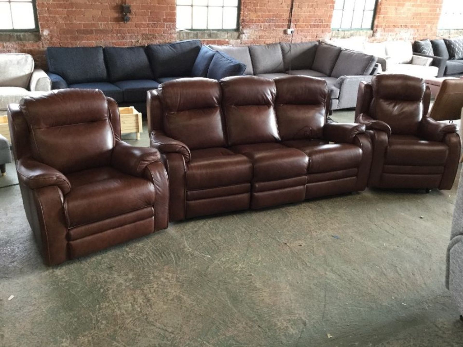 BROWN LEATHER ELECTRIC RECLINING 3 SEATER AND FIXE