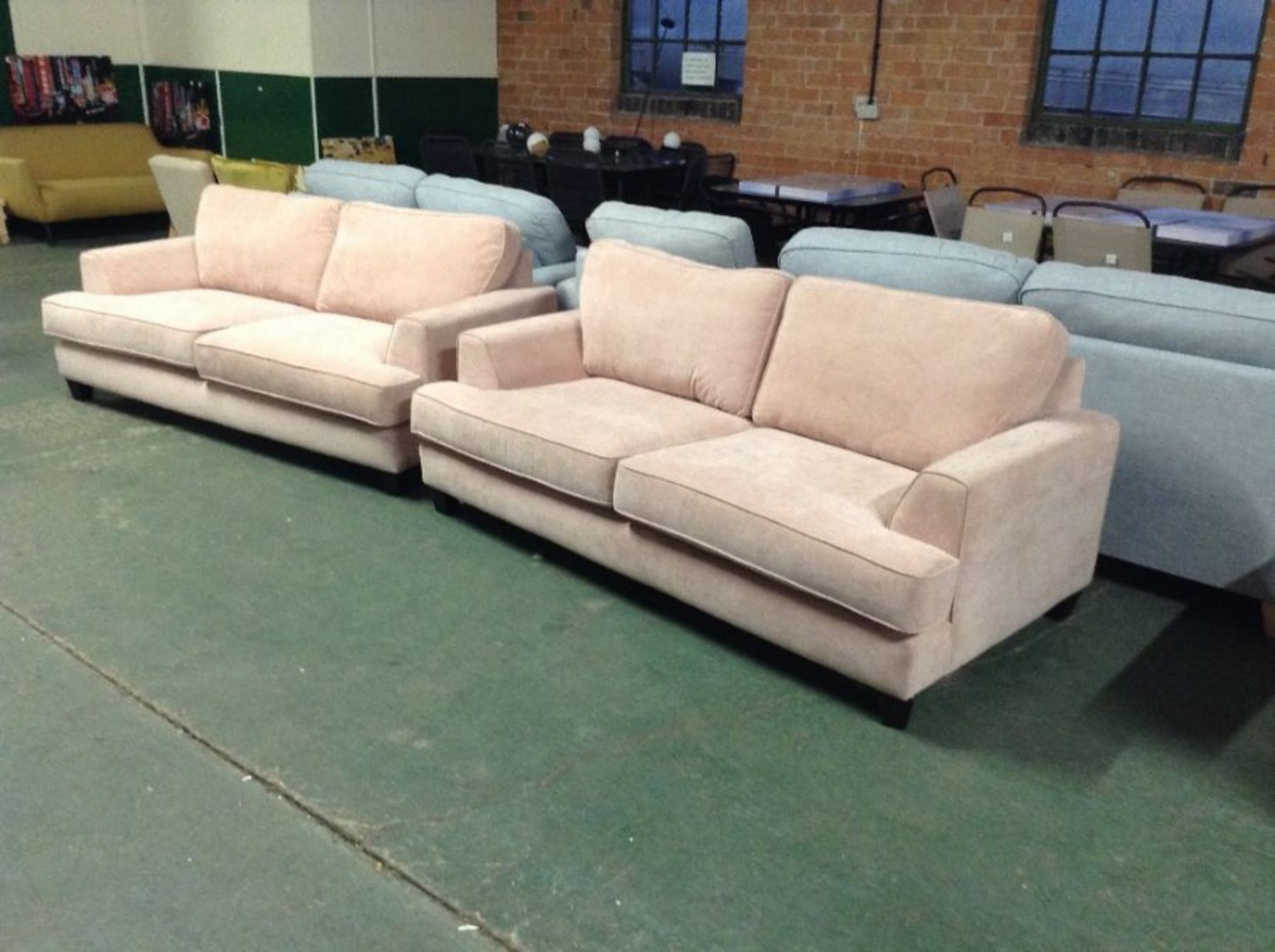 CAMDEN PLUSH PINK 3 SEATER SOFAS x 2 (MARKS) (1963