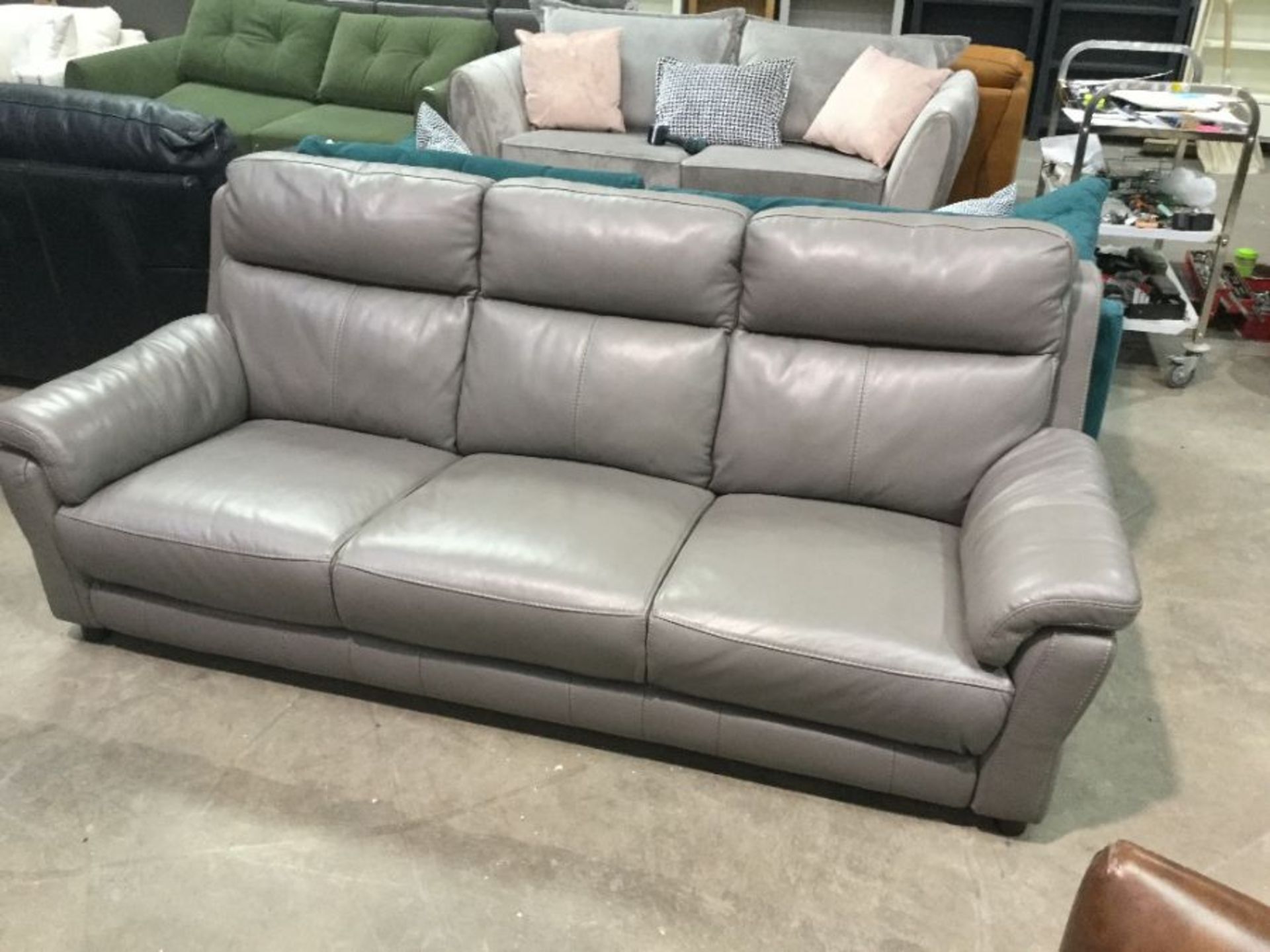 GREY LEATHER 3 SEATER SOFA (MISSING CORRECT FEET)