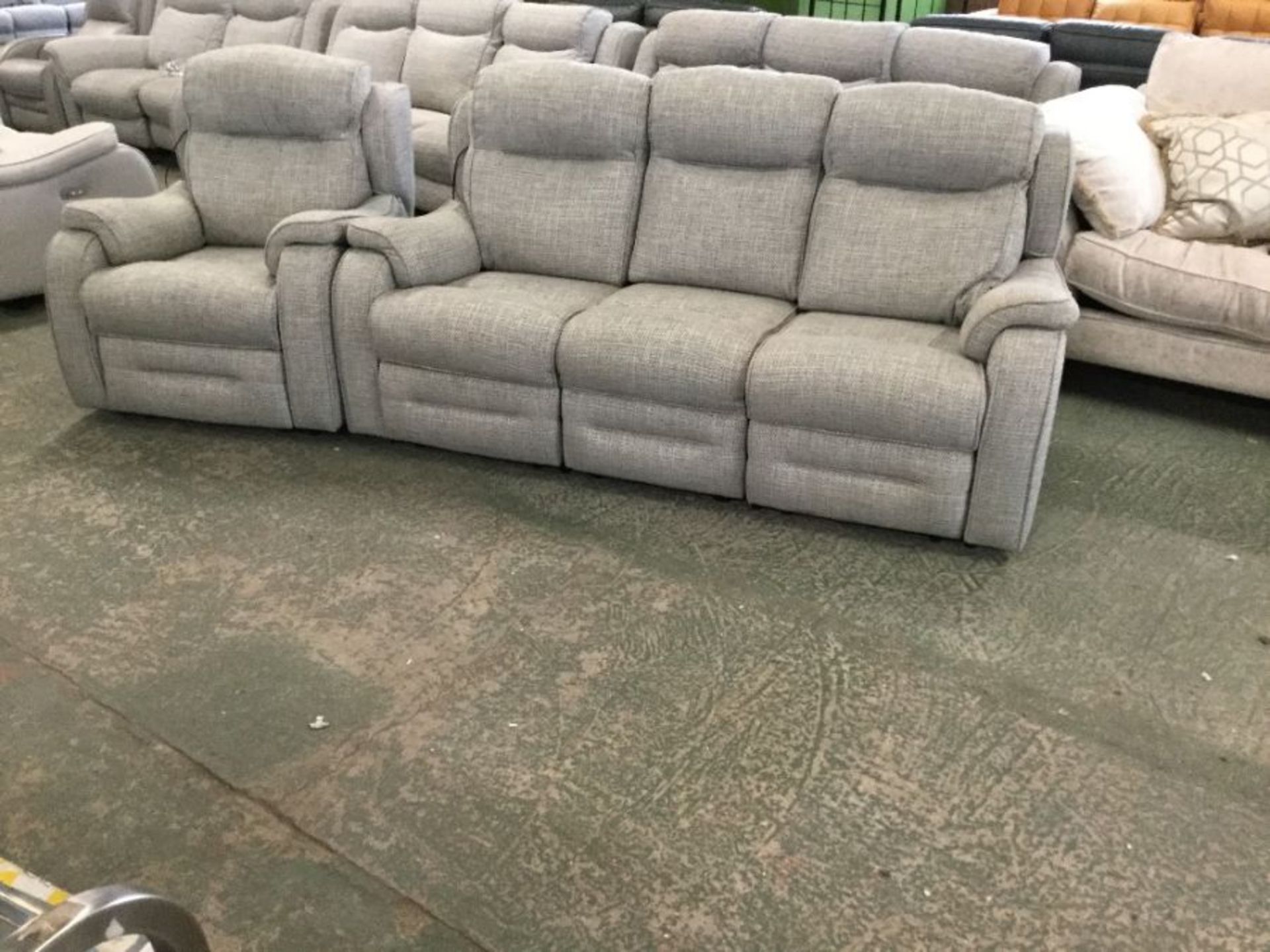 GREEN AND SILVER ELECTRIC RECLINING 3 SEATER AND C