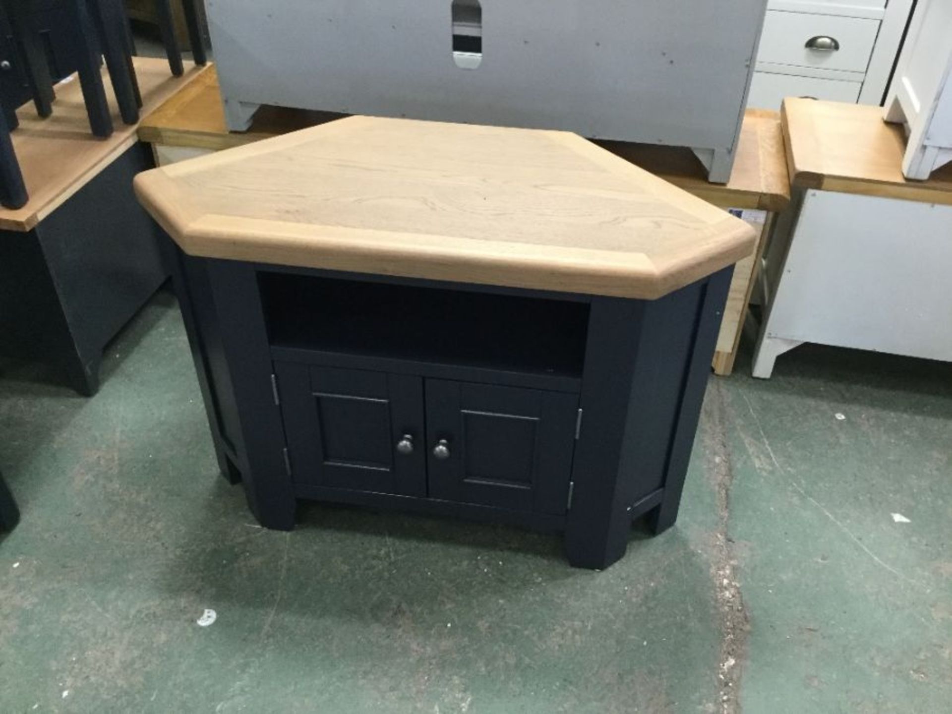 BLUE PAINTED AND OAK CORNER TV STAND