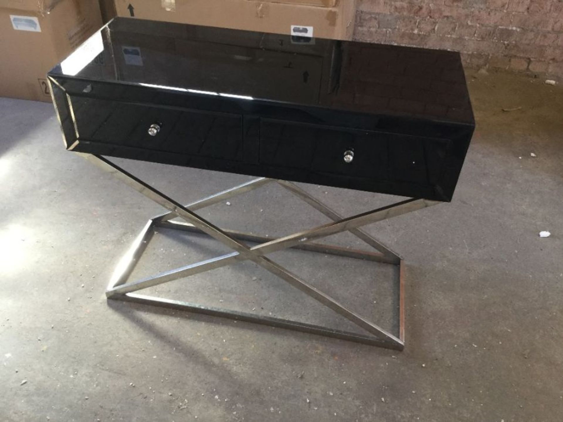 BLACK MIRROR CONSOLE TABLE SILVER LEGS (OPEN)