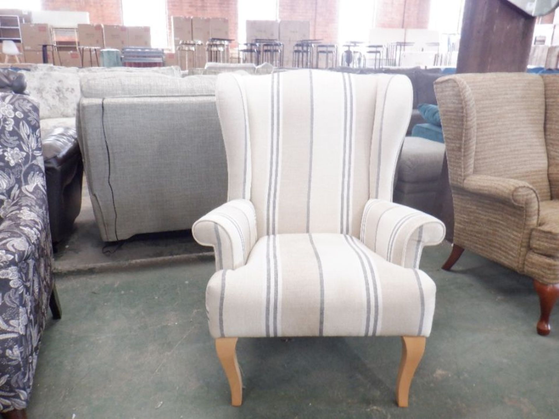 BEIGE AND CREAM STRIPED WING CHAIR (P21- W01237133