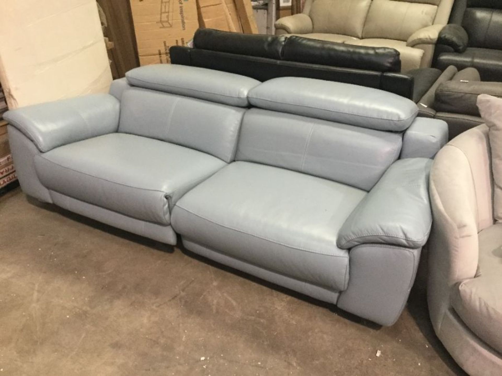 BLUE LEATHER ELECTRIC RECLINING 3 SEATER SOFA WITH