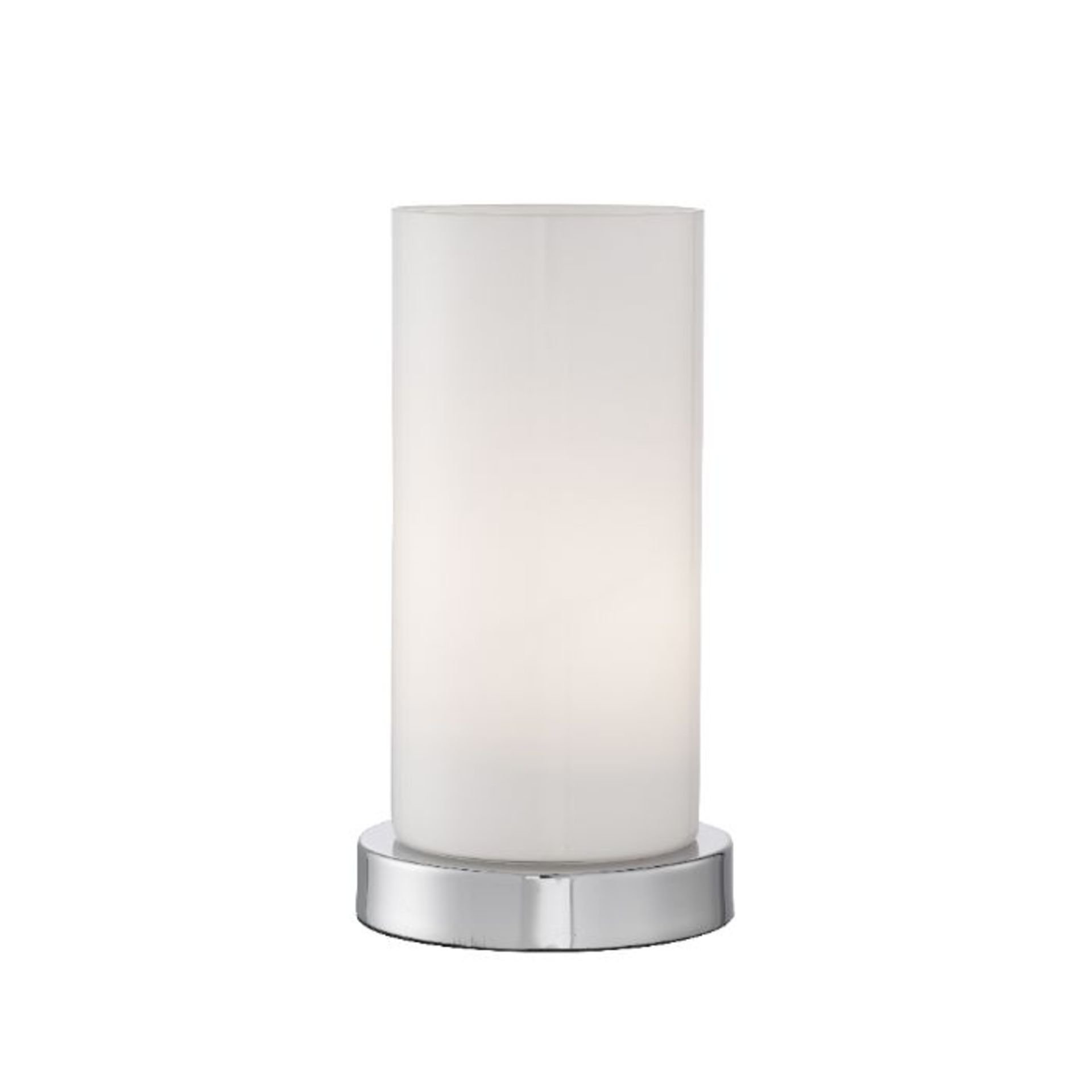BRAND NEW TOUCH TABLE LAMP IN CHROME WITH WHITE CYLINDER SHADE 19.5CM HIGH, 60W - Touch table lamp