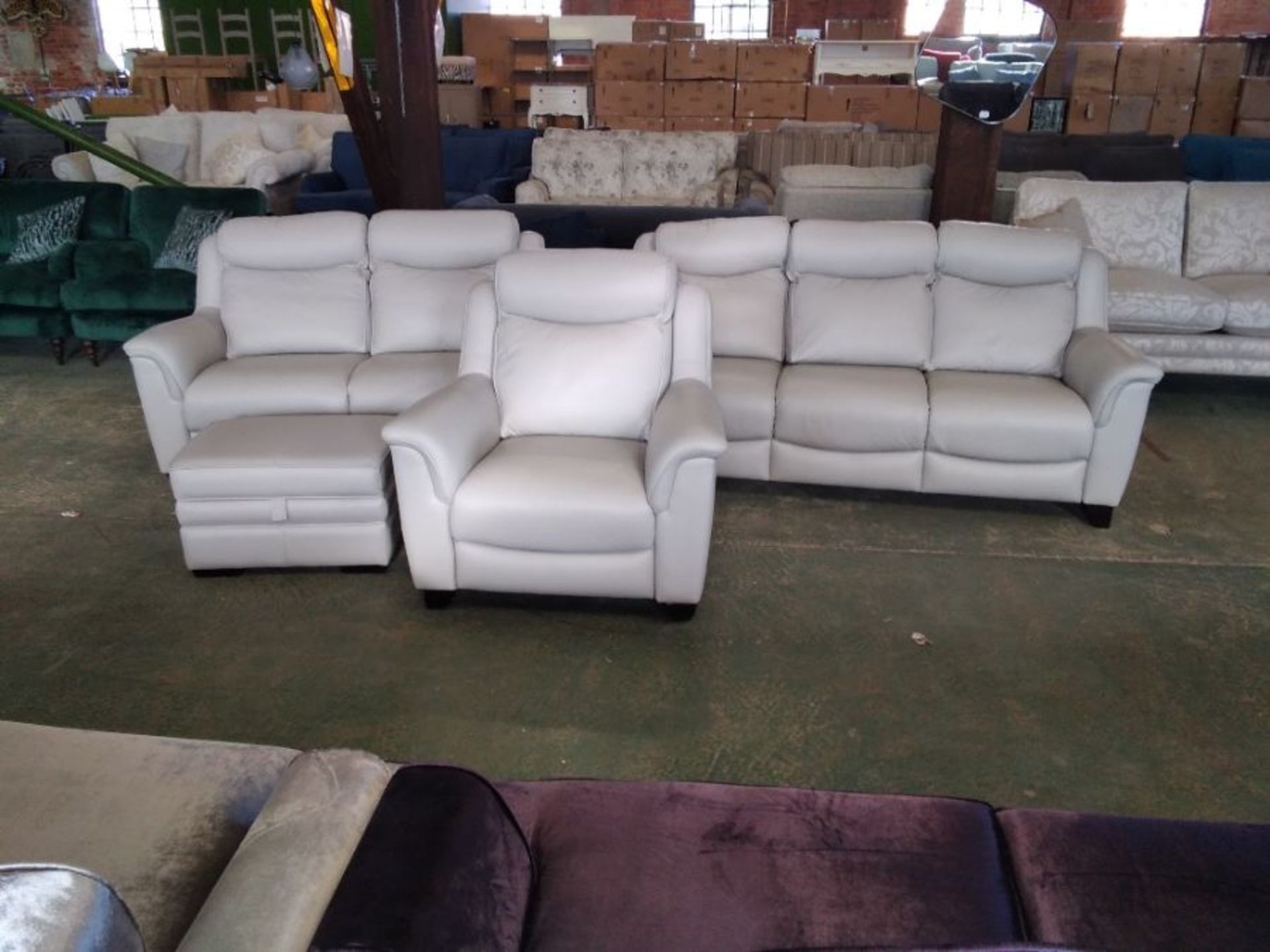 GREY LEATHER HIGHBACK 3ST SOFA, 2ST SOFA AND FIXED