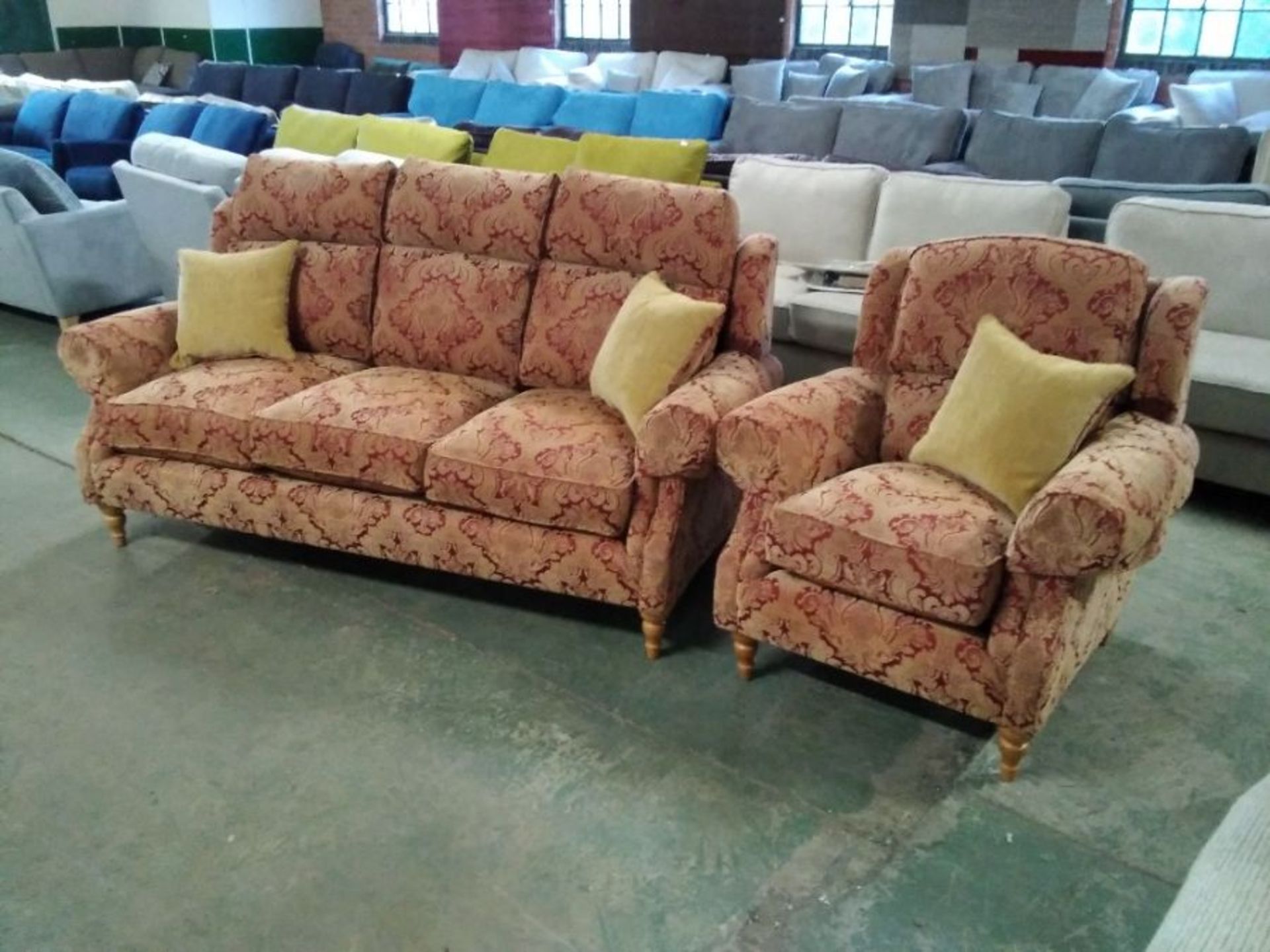 RED & GOLD FLORAL PATTERN 3 SEATER & CHAIR (TROO27