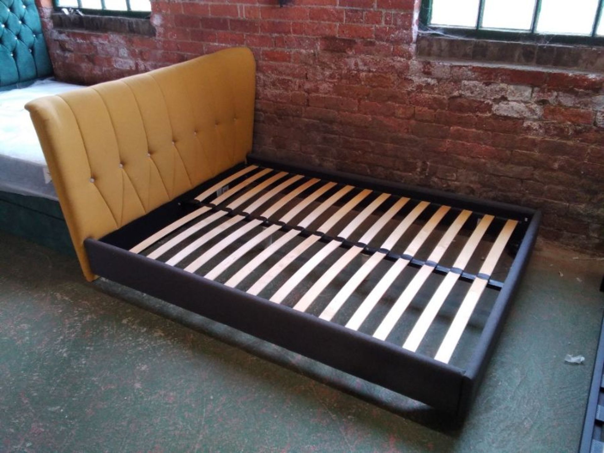 YELLOW AND GREY DOUBLE UPHOLSTERED BED FRAME