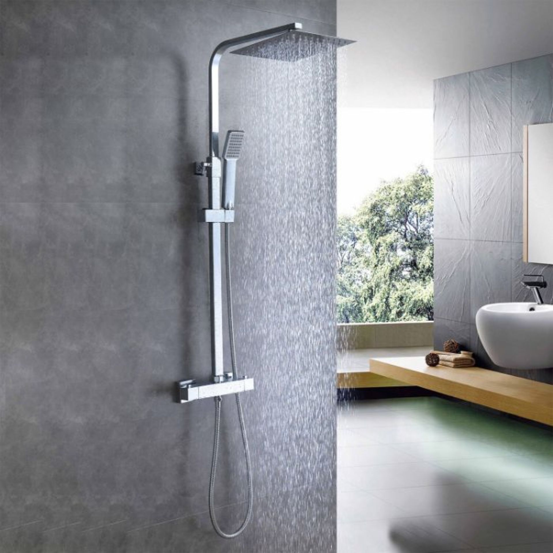 Belfry Bathroom, Thermostatic Exposed Shower Mixer Bathroom Twin Head Large Square Bar Set ( - Image 2 of 2