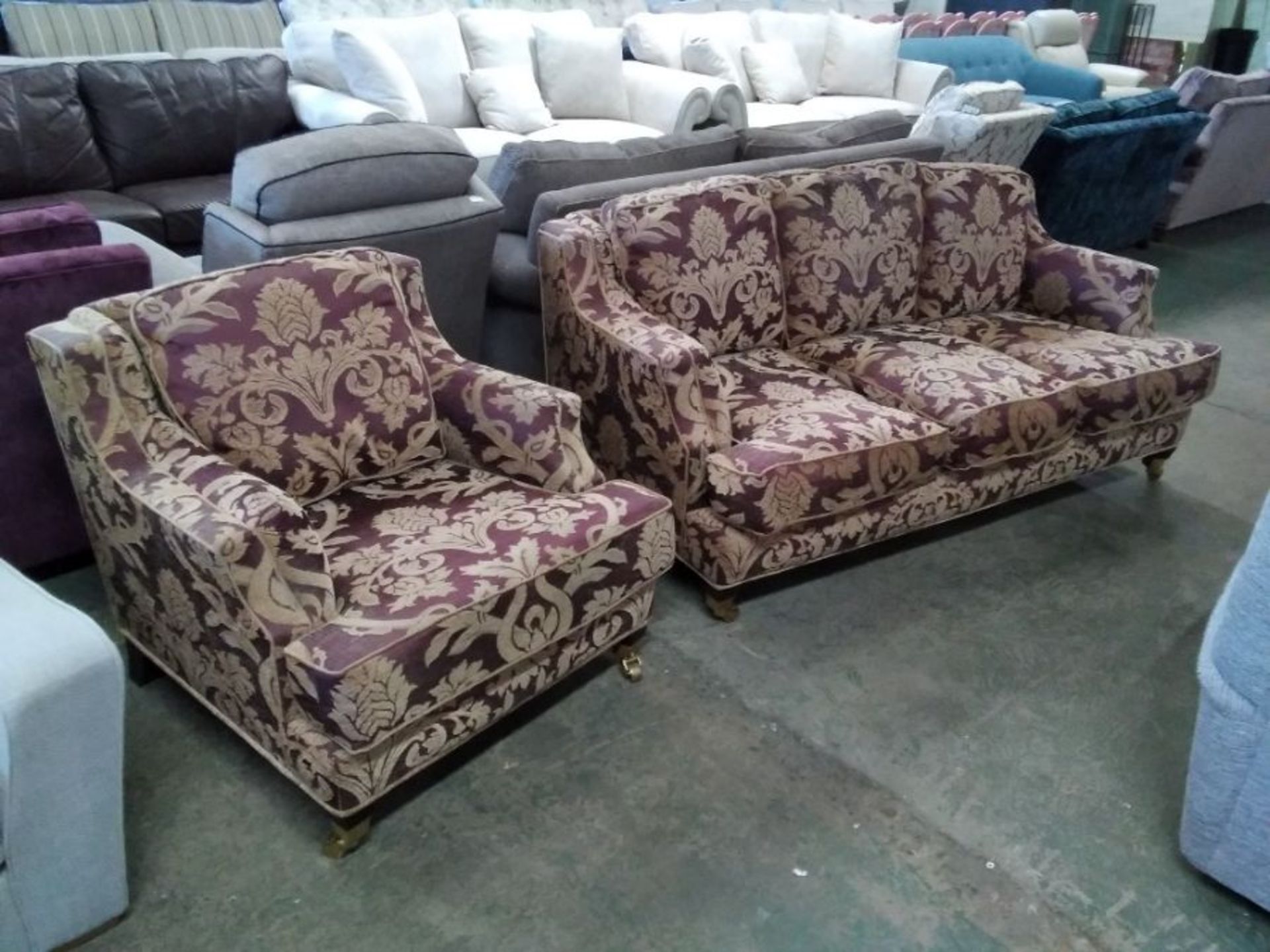 RED AND GOLD FLORAL PATTERN 3 SEATER AND CHAIR