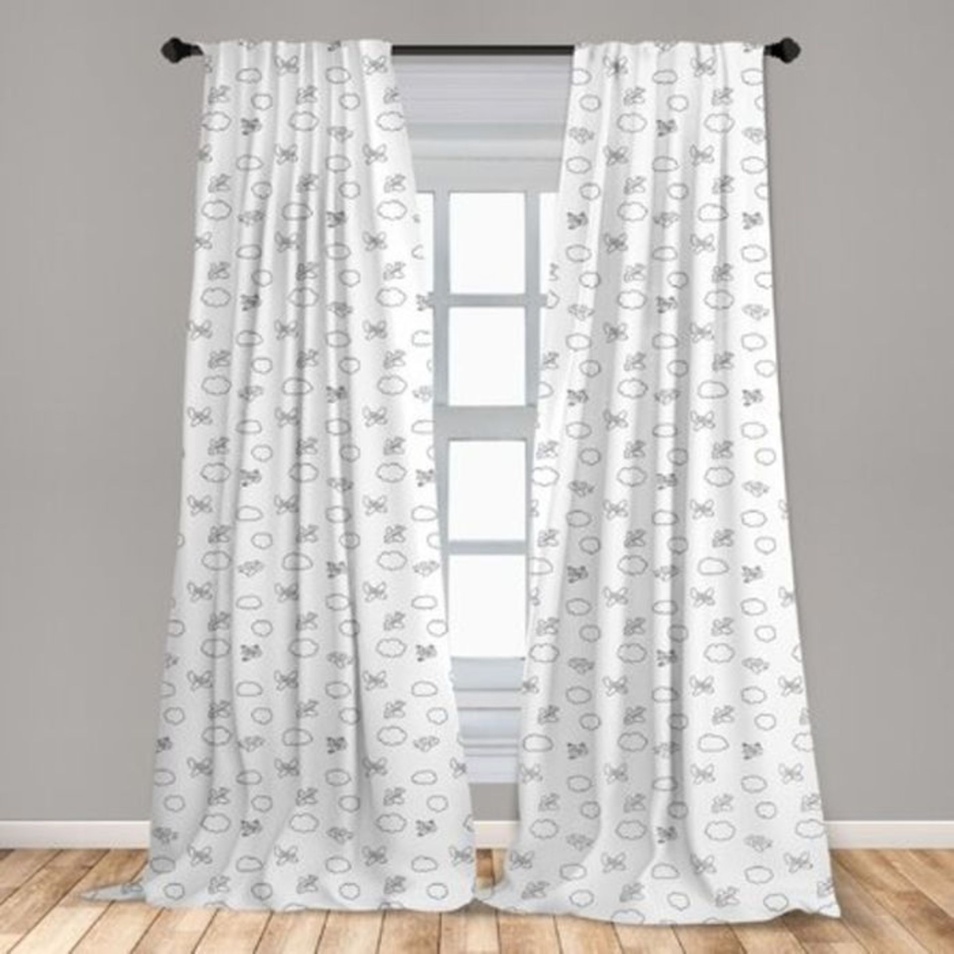 East Urban Home, Airplane Window Curtains and Puffy Clouds In Doodle Style, Lightweight Decorative P