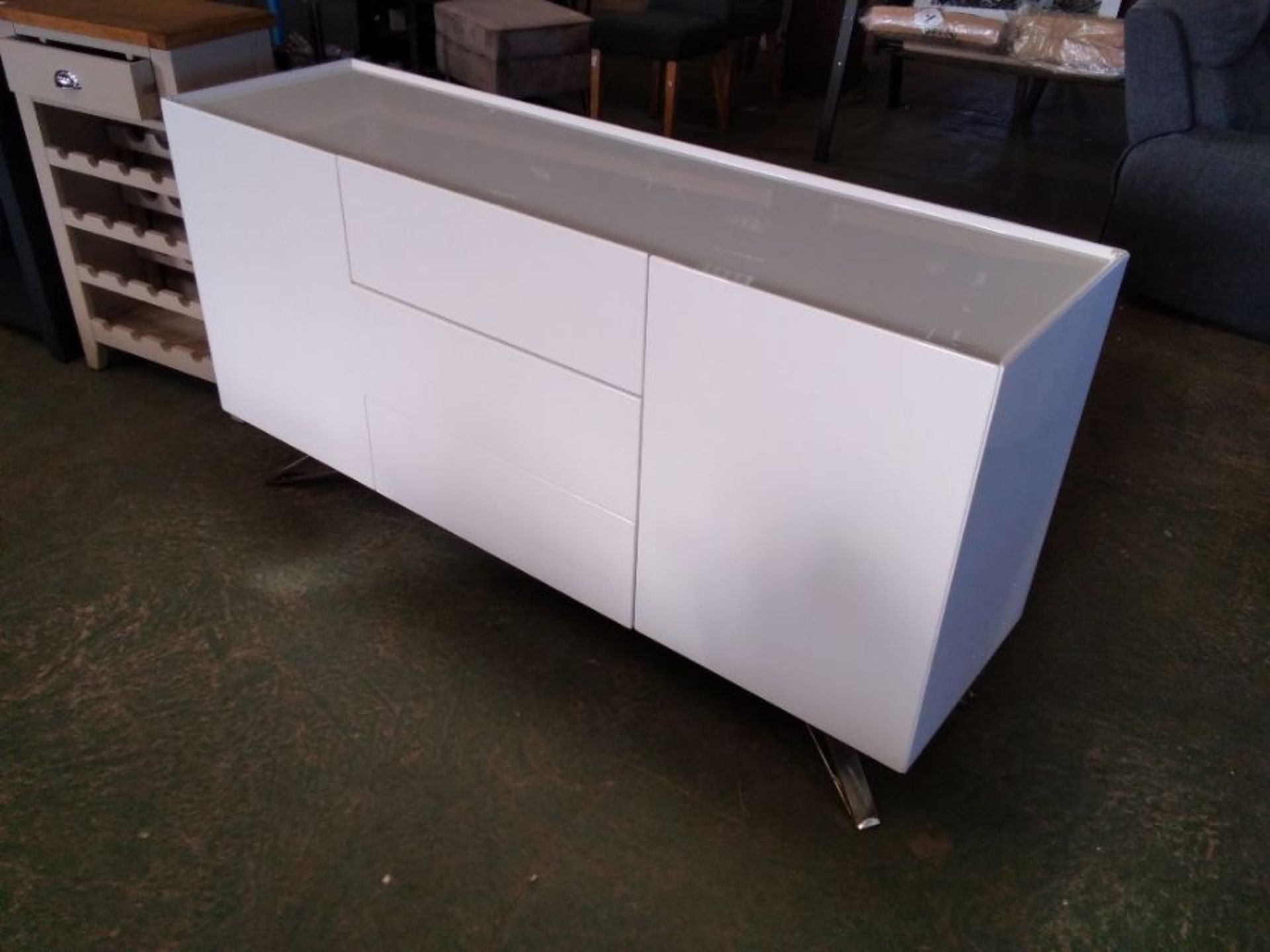 WHITE SIDEBOARD WITH INDUSTRIAL LEGS(DAMAGED)