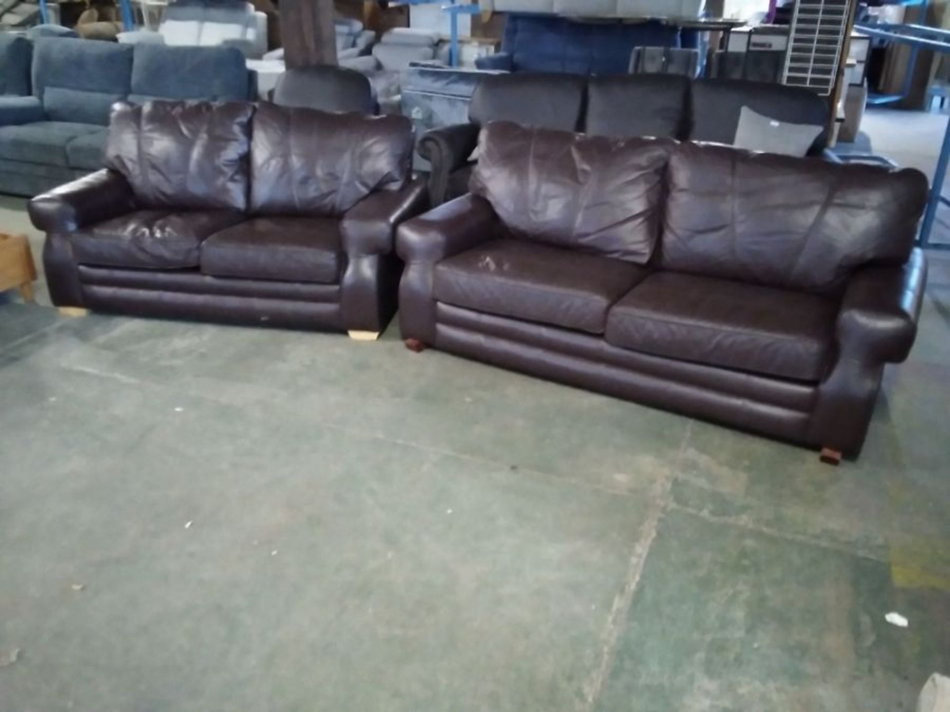 BROWN LEATHER 3 SEATER & 2 SEATER (MISMATCH FEET)