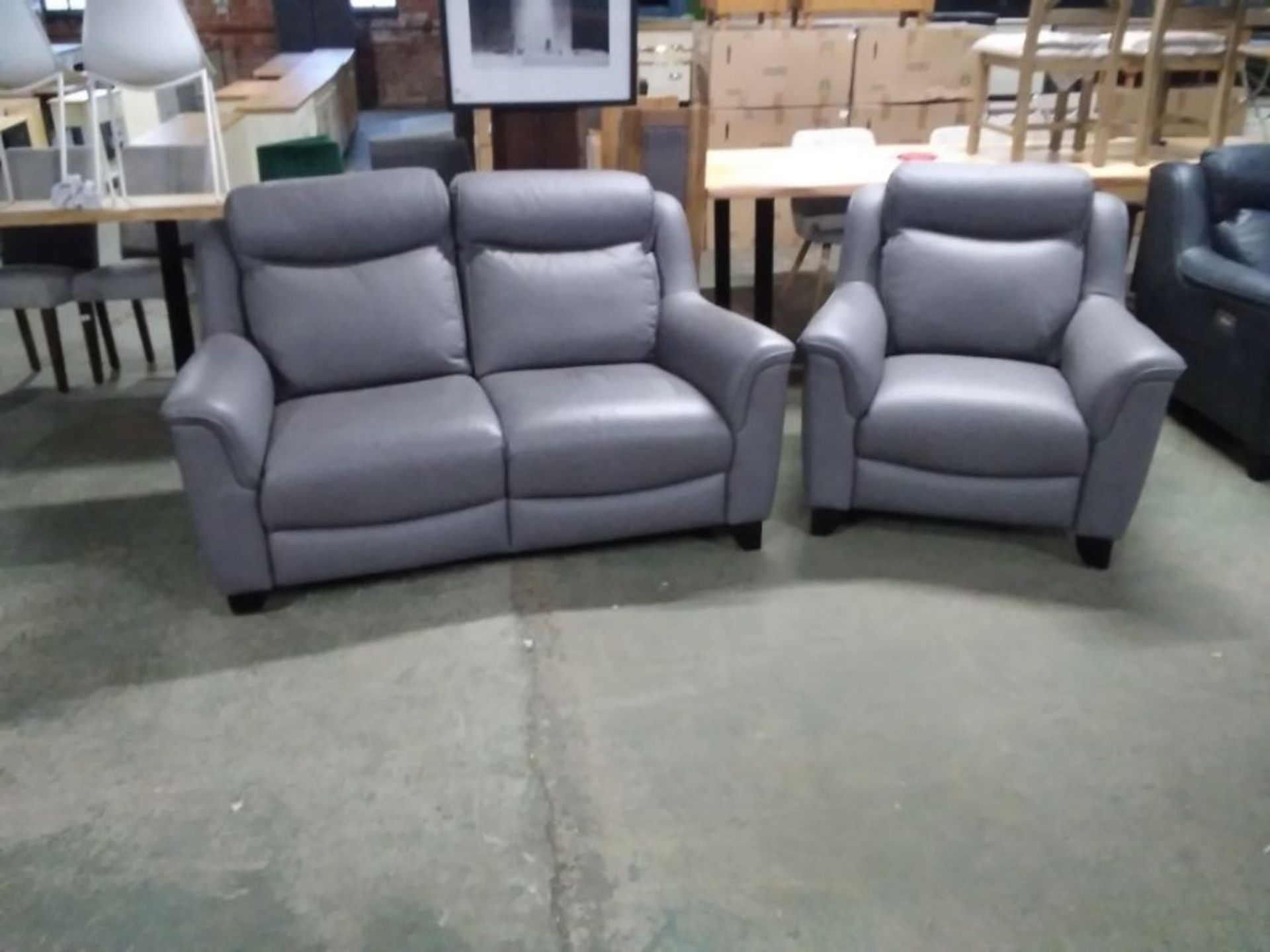 GREY LEATHER HIGH BACK 2 SEATER AND CHAIR (TROO282