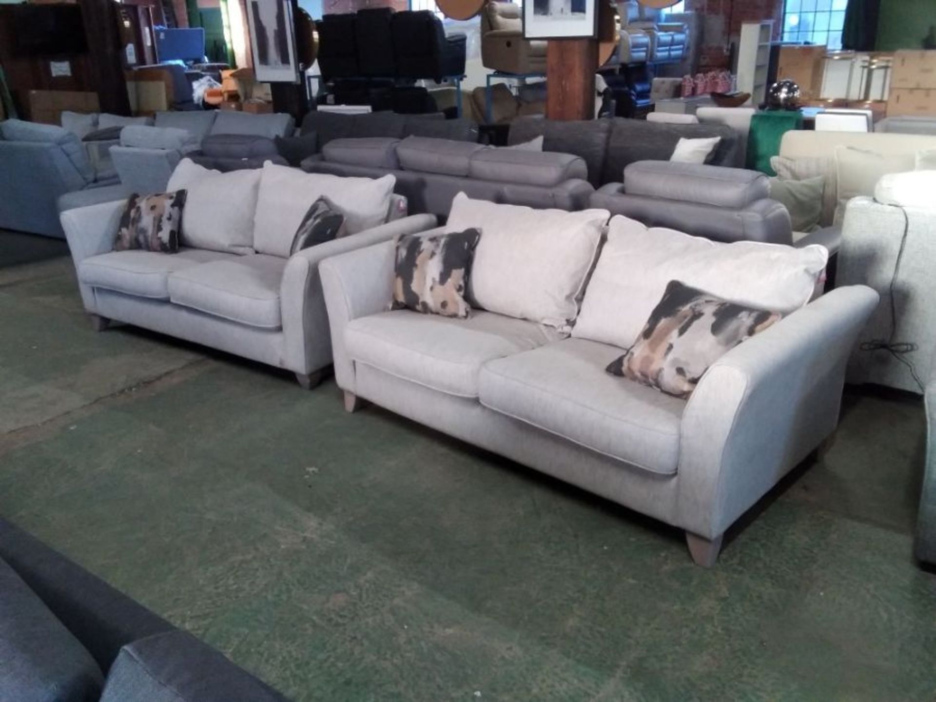 GREY PATTERNED 2 X 2 1/2 SEATER SOFAS (DAMAGED ARM