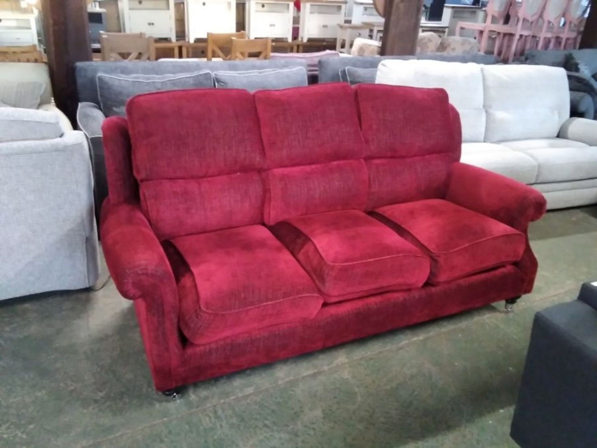 RED HIGH BACK 3 SEATER SOFA (FAULTY FOAM )(TROO282