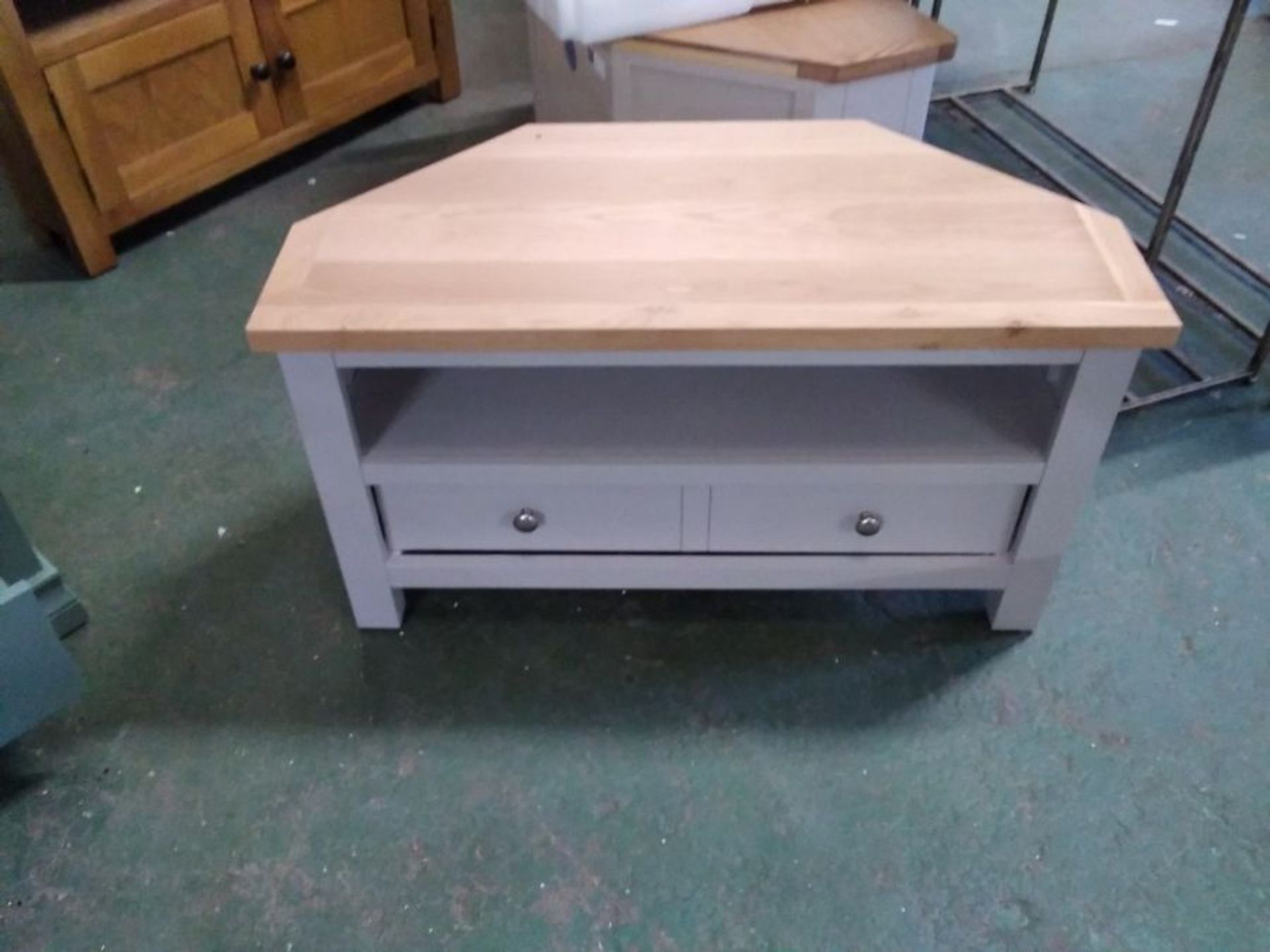 SAILSBURY PAINTED AND OAK CORNER TV UNIT (DAMAGED)