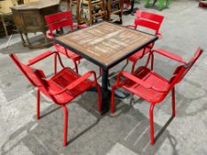 Timber Top Metal Frame Outdoor Table, Complete with 2no. Red Metal Stacking Chairs