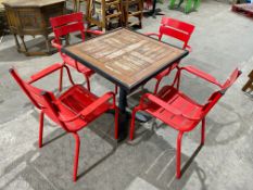 Timber Top Metal Frame Outdoor Table, Complete with 2no. Red Metal Stacking Chairs