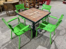 Timber Top Metal Frame Outdoor Table, Complete with 2no. Green Metal Stacking Chairs