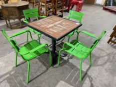 Timber Top Metal Frame Outdoor Table, Complete with 2no. Green Metal Stacking Chairs