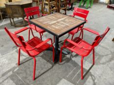 Timber Top Metal Frame Outdoor Table, Complete with 2no. Red Metal Stacking Chairs