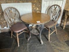 Timber Top Cast Iron Based Dining Table Complete with 2no. Spindle Back Dining Chairs