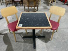 Granite Effect Top Dining Table, 700 x 650mm Complete with 2no. Timber Back Red Leatherette Chairs