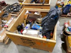 Crate of Asst. Parts, including Oil Filters, Clutch Wrench, Lubricants, Brake Shoes,