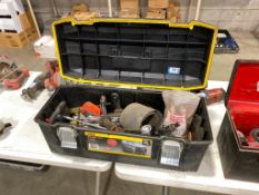 Tool Box w/ Asst. Wrench Screw Drivers, Drill Bits, Flap Wheels, etc.